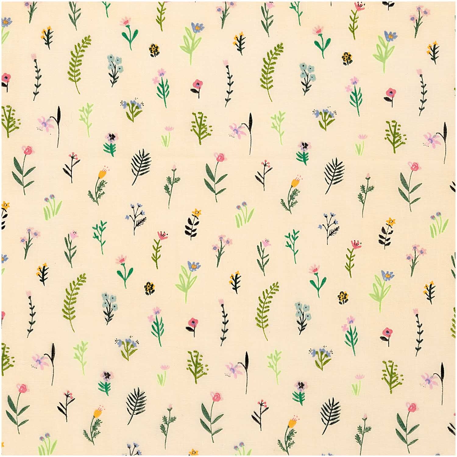 Musselin-Druckstoff Bunny Hop Streublumen zeigt bunte Blumenmuster auf gelbem Hintergrund von Rico Design.