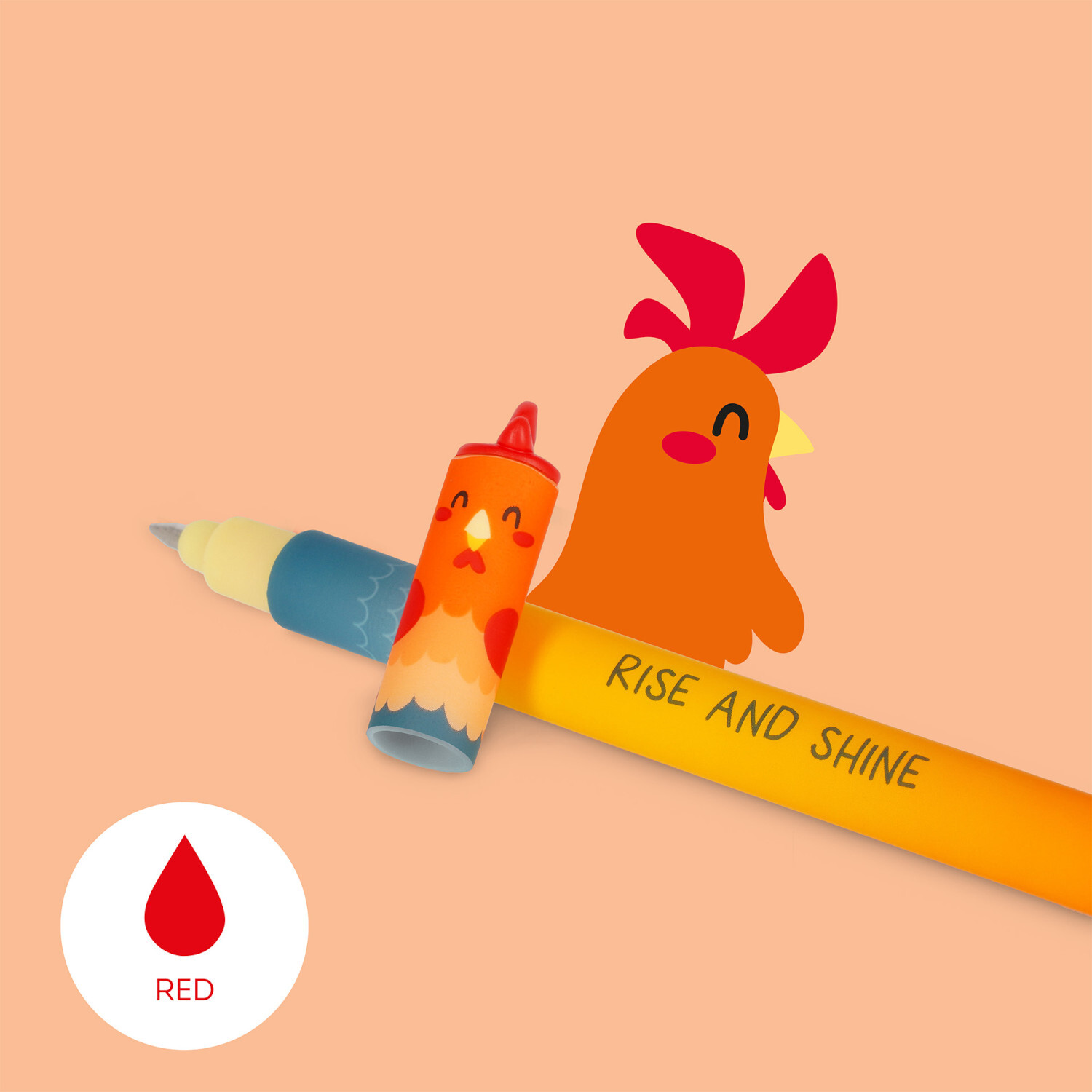 Erasable Gel Pen Set Farm Sweet Farm, 4-teilig, mit Hühnerdesign und rotem Akzent.