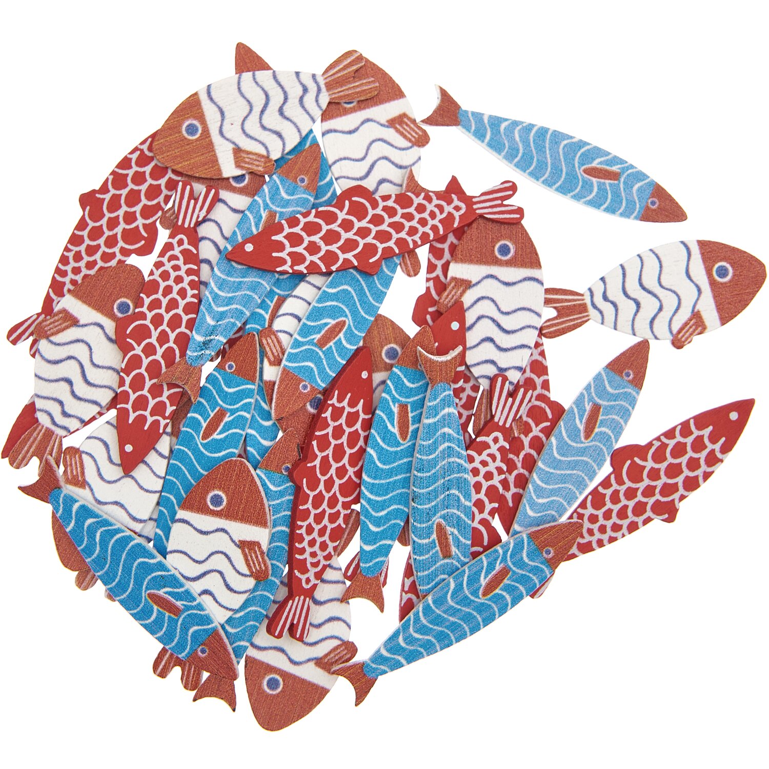 Holzstreu Fisch rot-blau 36 Stück: Dekorative Holzfische in Rot und Blau von Rico Design, ideal für kreative Projekte.