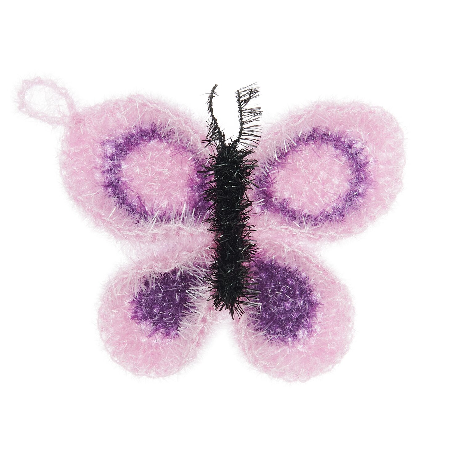 Häkelset Creative Bubble Schmetterling von Rico Design: Rosa und lila Schmetterling aus flauschigem Garn. Ideal für kreative Bastelprojekte.