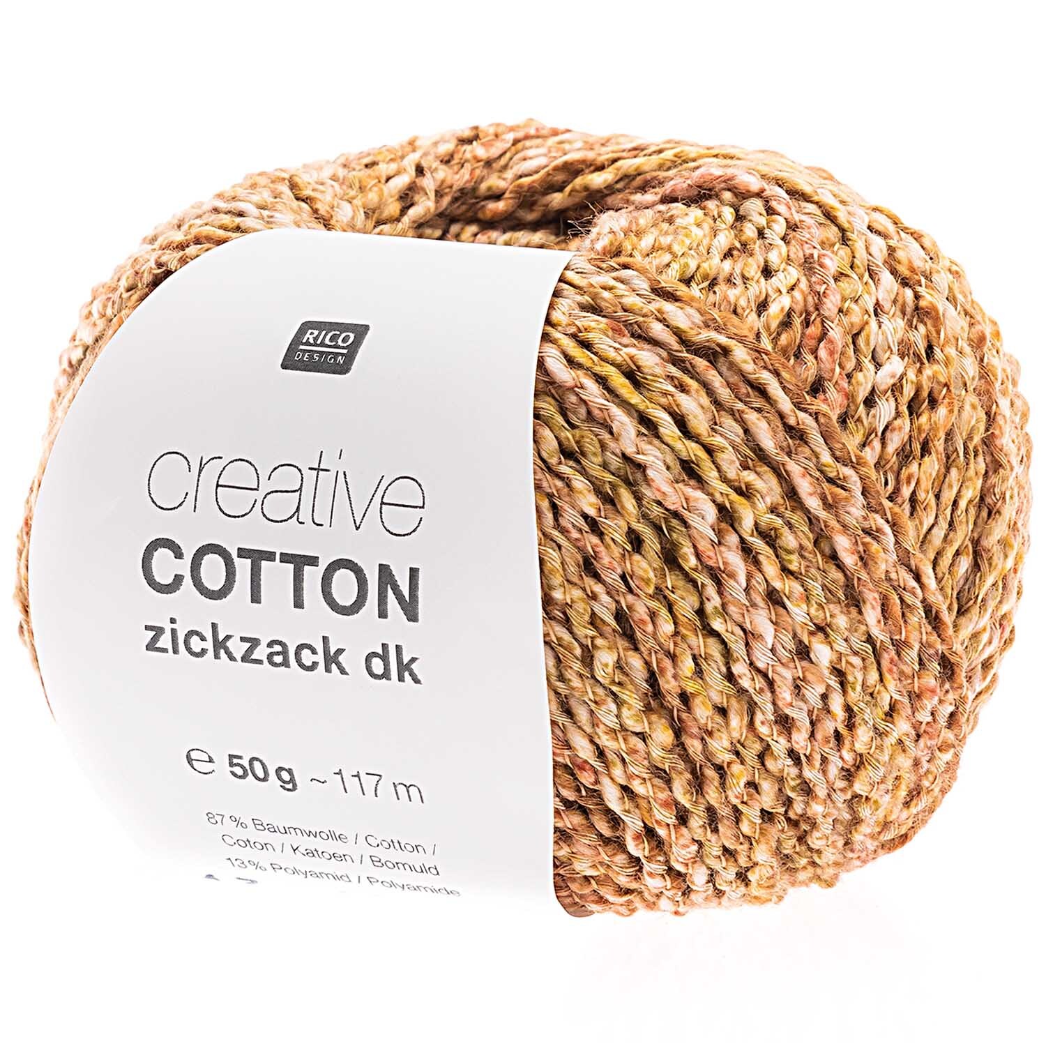 Creative Cotton Zickzack Garn in Senf Spray von Rico Design, 50g Knäuel, 117m Länge. Ideal für Strickprojekte.