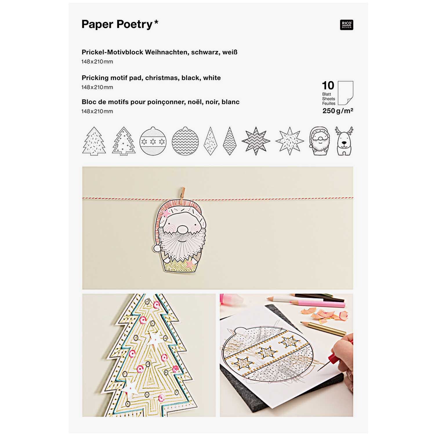 Paper Poetry Prickelblock Weihnachten zeigt weihnachtliche Motive zum Ausprickeln in Schwarz-Weiß. Ideal für kreative Bastelprojekte.