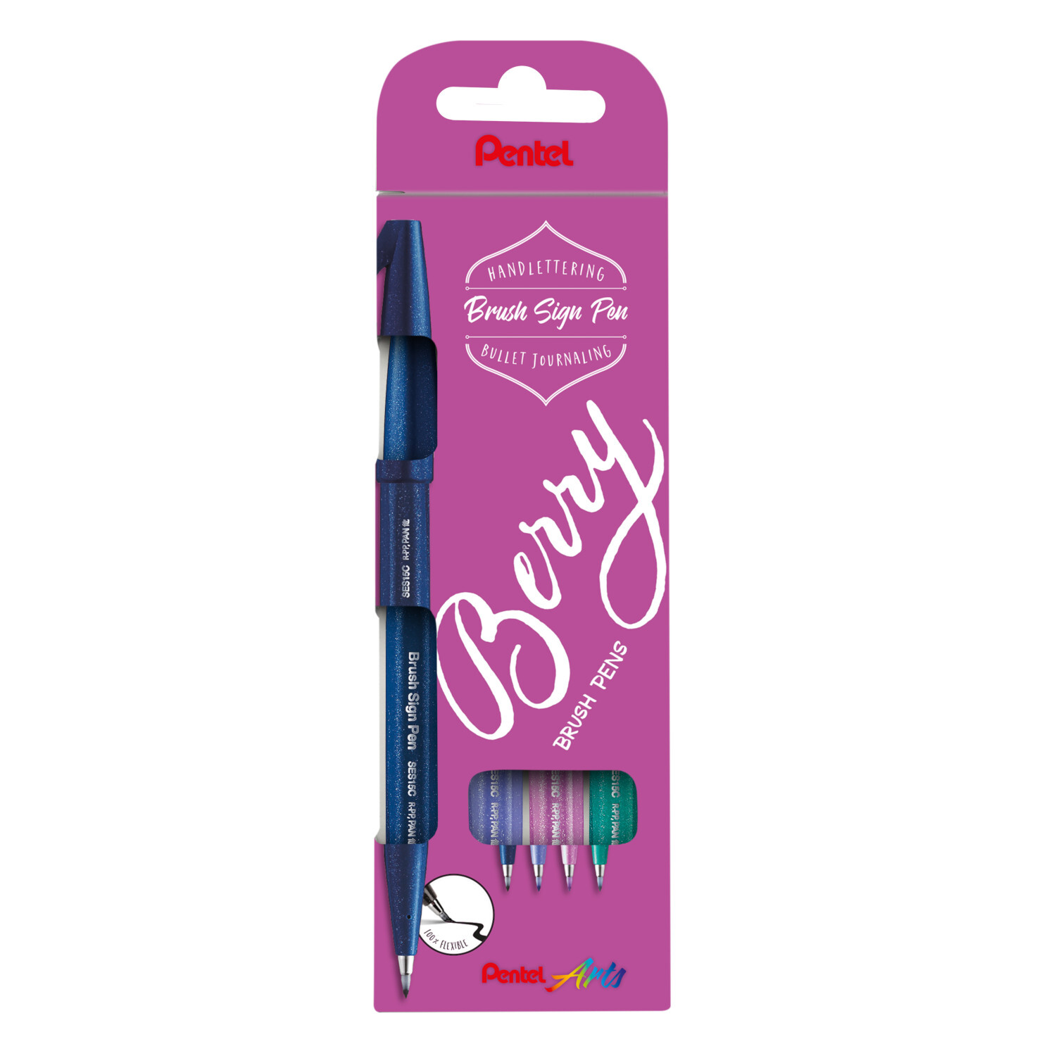 Kalligrafiestift Brush Sign Pen Set Berry, 4-teilig, in lila Verpackung von Pentel für Handlettering.