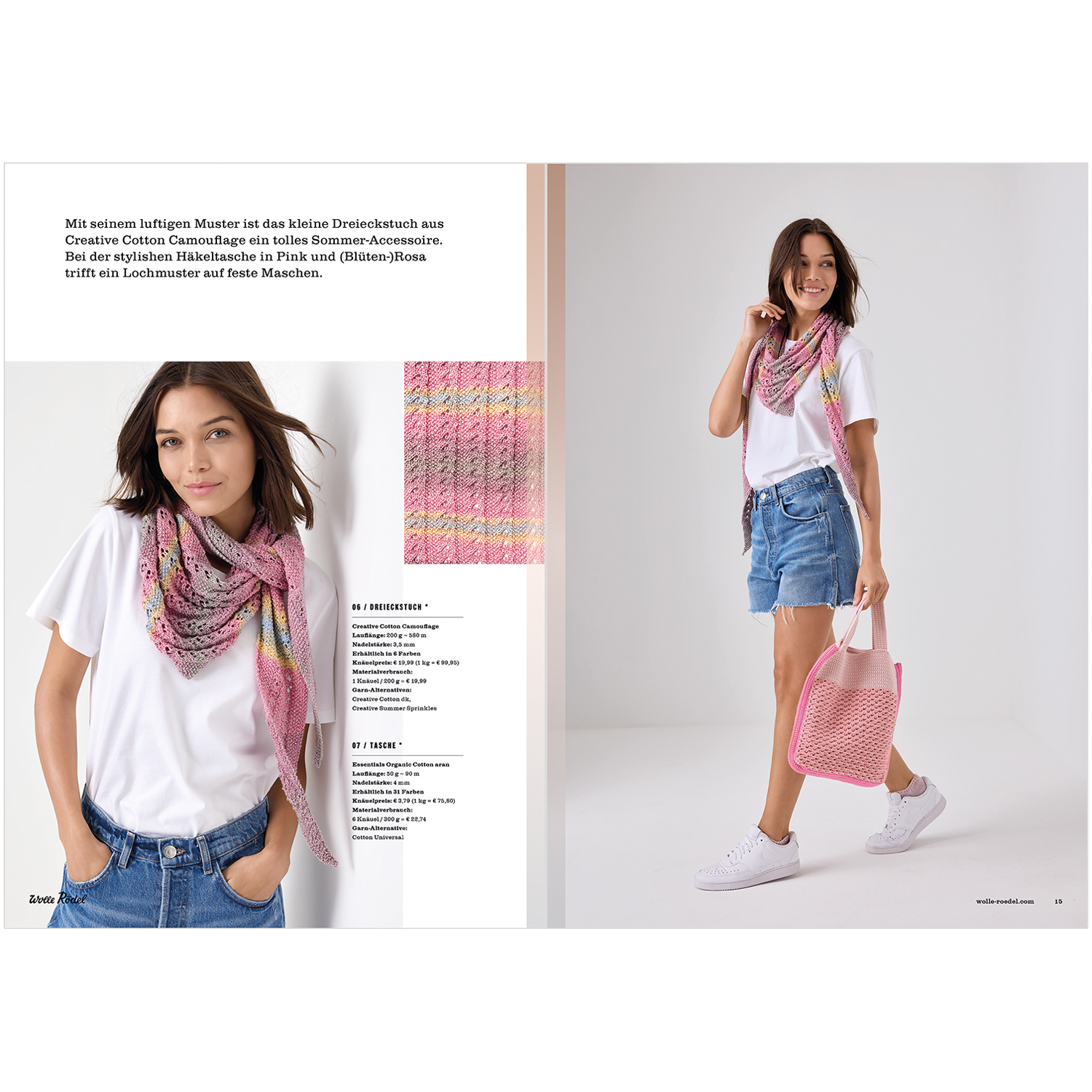 Die Neue Masche Nr. 06 Frühjahr-Sommer: Frau trägt buntes Dreieckstuch von Wolle Rödel, kombiniert mit weißem T-Shirt und blauen Shorts.