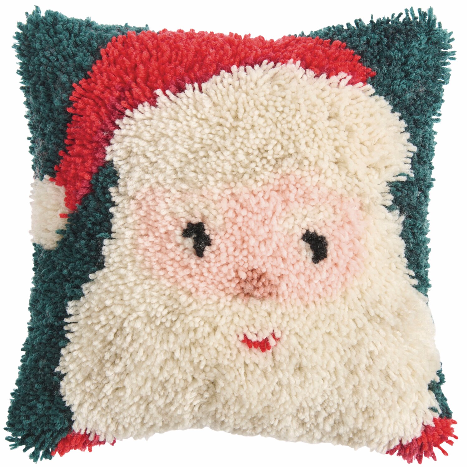 Rico Hooki Hooki Knüpfset Kissen Santa zeigt ein flauschiges Kissen mit Santa-Motiv in Rot und Weiß. Perfekt für weihnachtliche Dekoration.