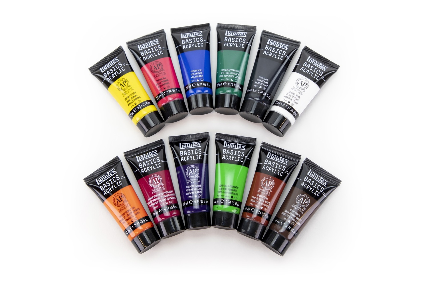 Basics Acrylfarben Set 12x22ml zeigt zwölf Tuben in verschiedenen Farben von Liquitex, ideal für kreative Projekte.
