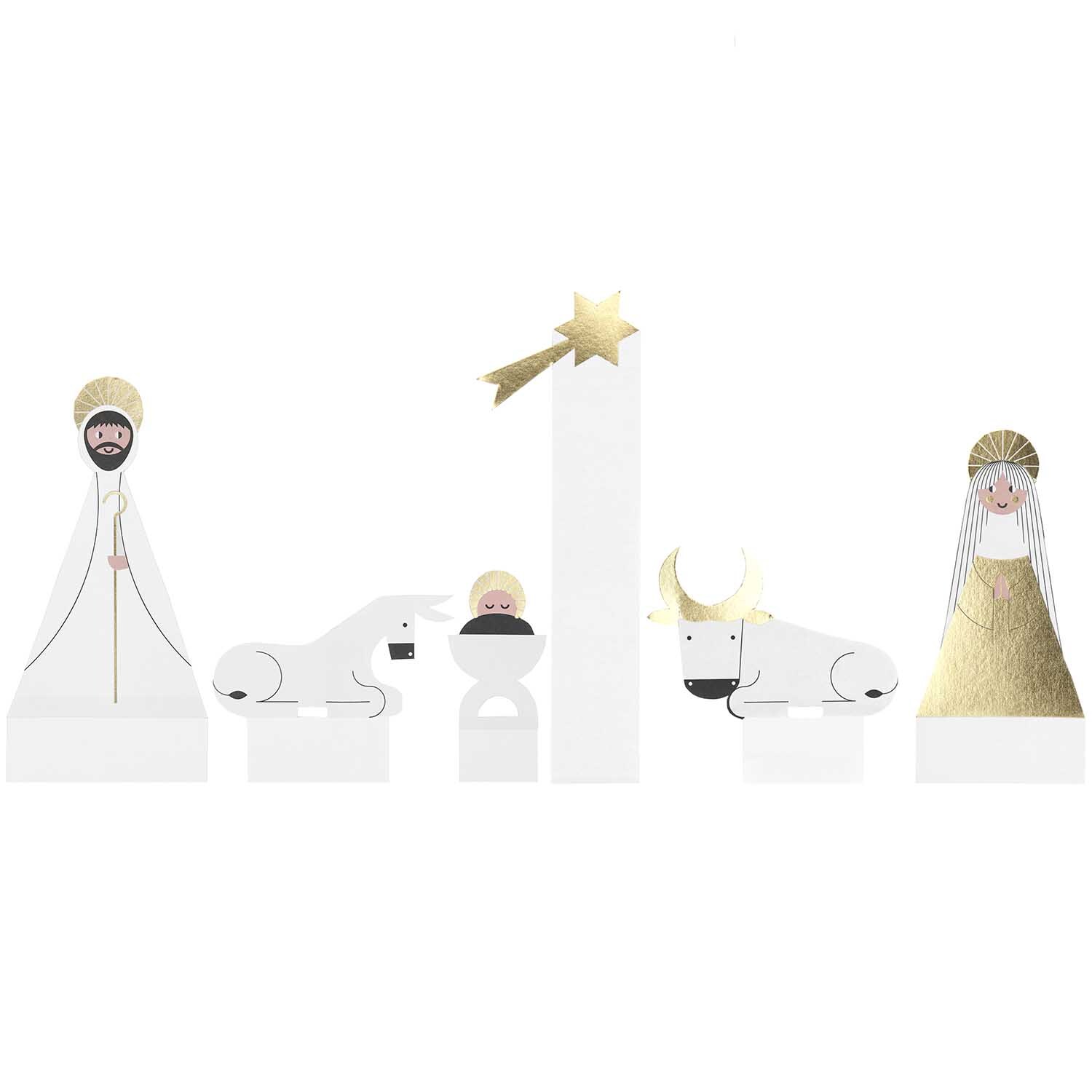 Paper Poetry Kartendeko-Set zeigt die Heilige Familie mit goldenen Akzenten und Tieren. Ideal für festliche Dekorationen.
