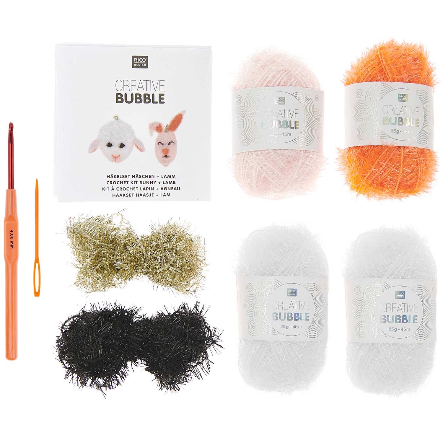 Häkelset Creative Bubble Häschen + Lamm mit bunten Garnen und Häkelnadel von Rico Design. Ideal für kreative Bastelprojekte.