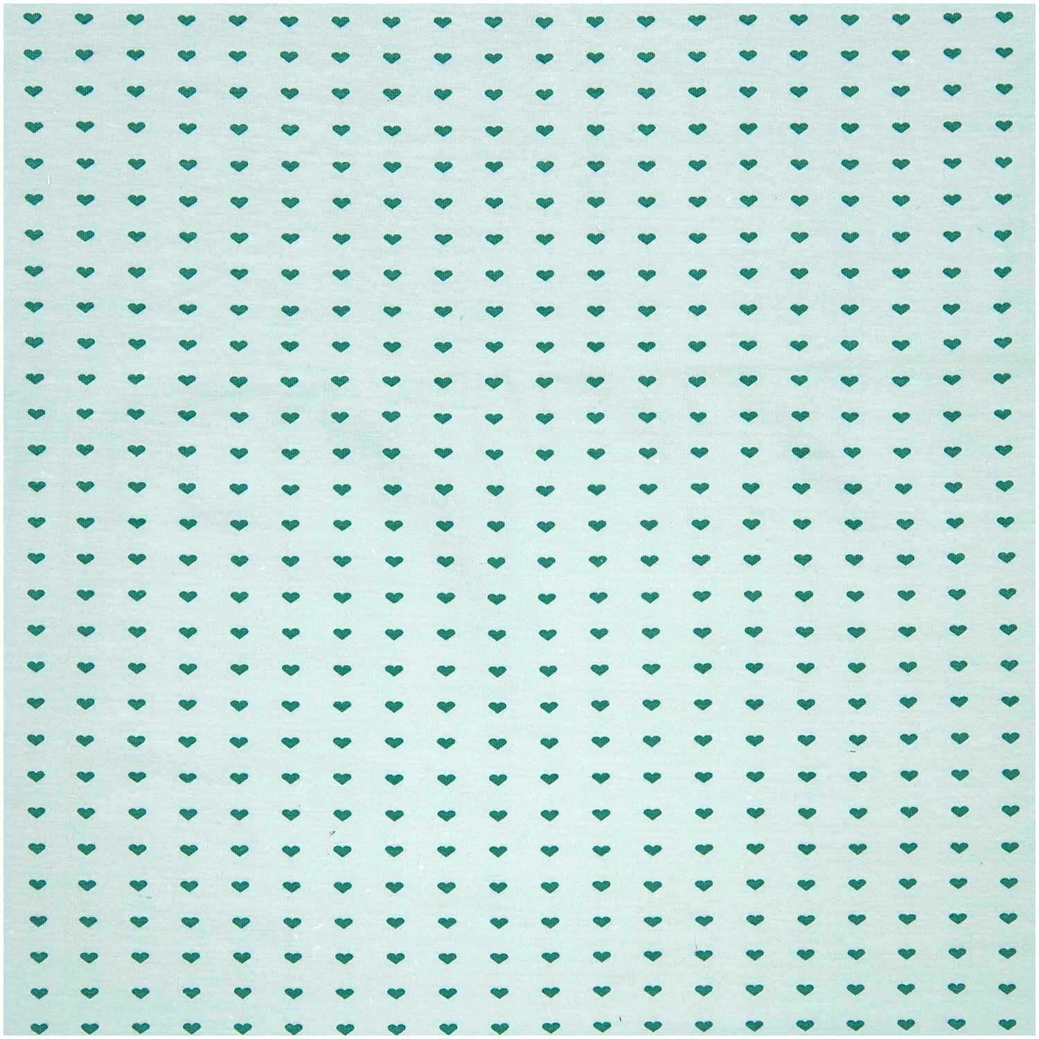 Jerseystoff Happy Baby Herzchen mint 145cm von Rico Design zeigt ein Muster aus kleinen Herzen auf mintfarbenem Hintergrund. Ideal für Babybekleidung.