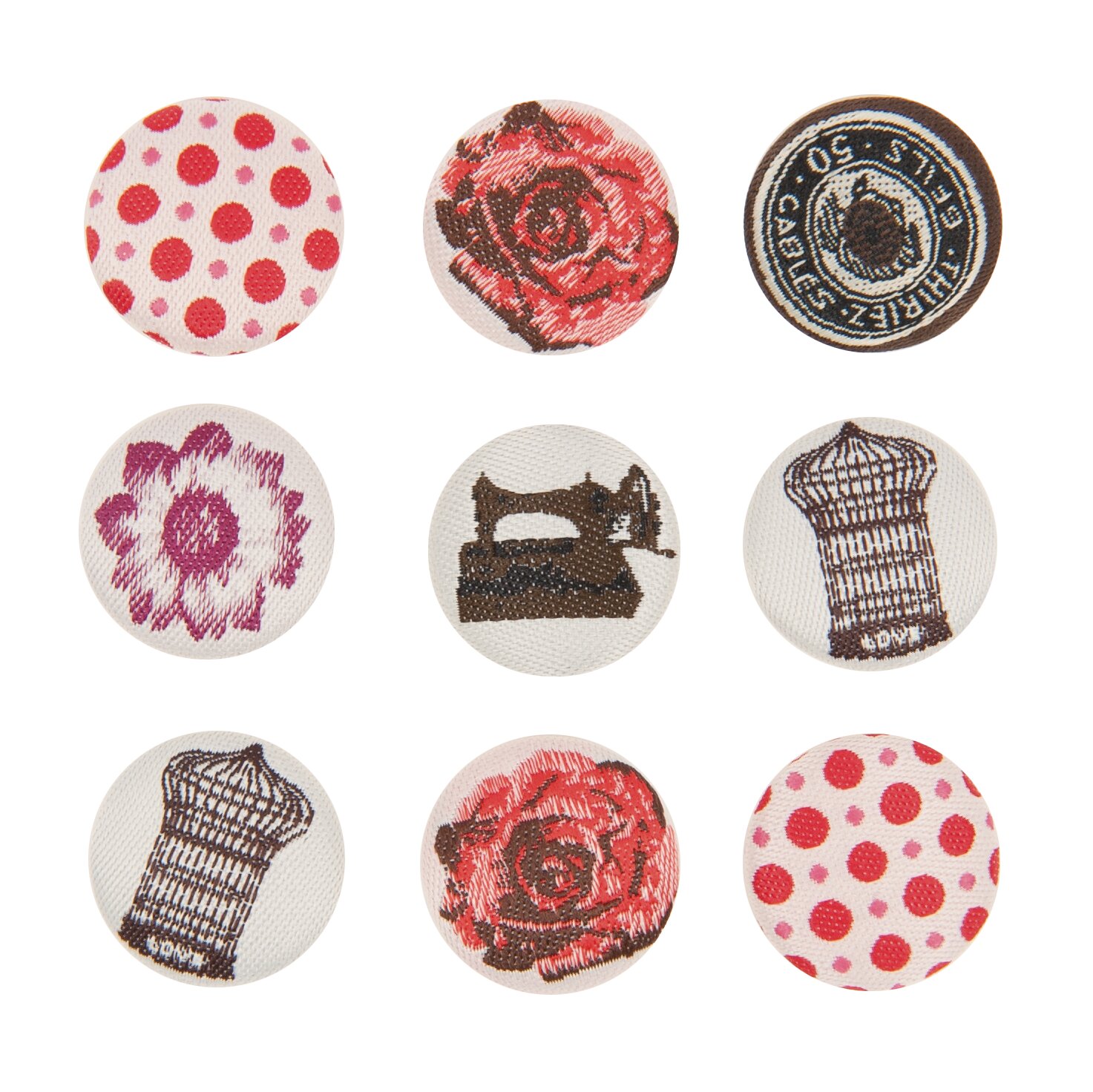 Paper Poetry Vintage Stoffknöpfe rot 9 Stück zeigen gemusterte Rundknöpfe von Rico Design mit Blumen, Nähmaschine, Vogelkäfig und Punkten auf hellem Stoff