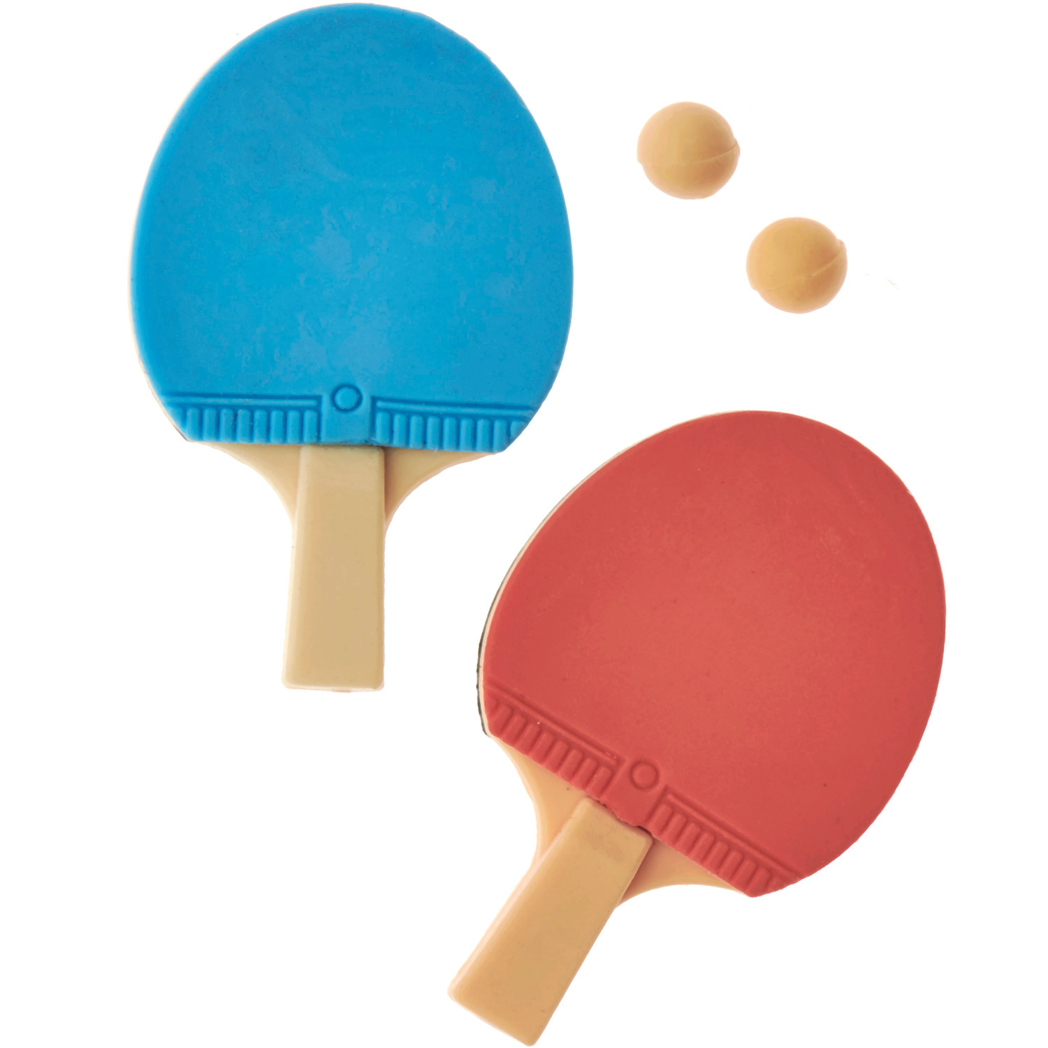 Miniatur Tischtennis Set, 4-teilig: Zwei Schläger in Blau und Rot mit zwei gelben Bällen. Ideal für Tischtennis-Enthusiasten.