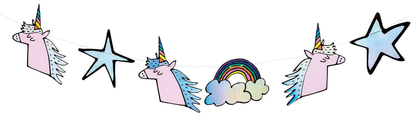 Girlande mit pinken Einhörnern, blauen Sternen und Regenbogen mit Wolken.