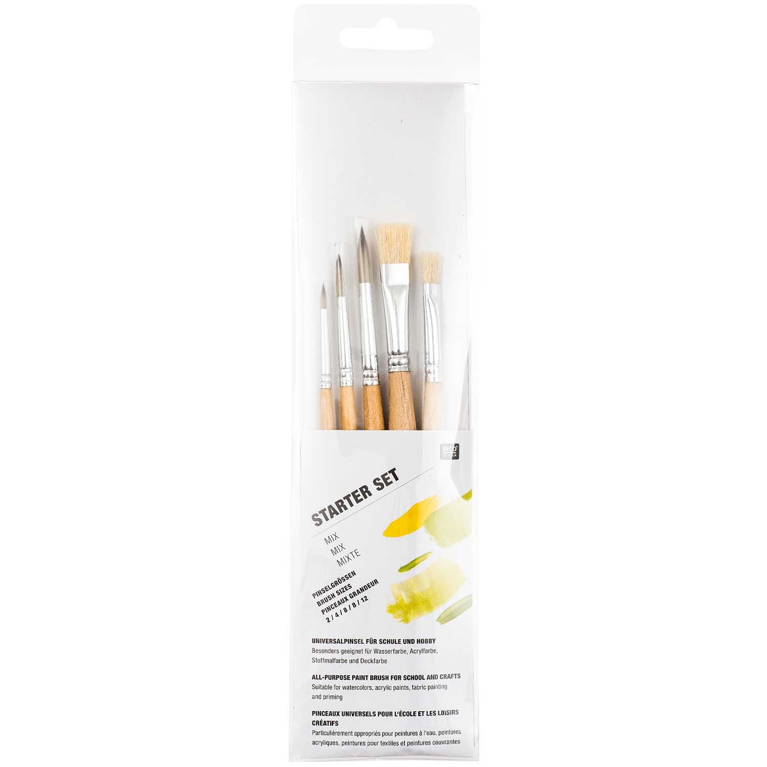 Starterset Pinsel Mix 2, 5-teilig, von Rico Design. Enthält Pinsel in Naturtönen für vielseitige Maltechniken. Ideal für kreative Projekte.