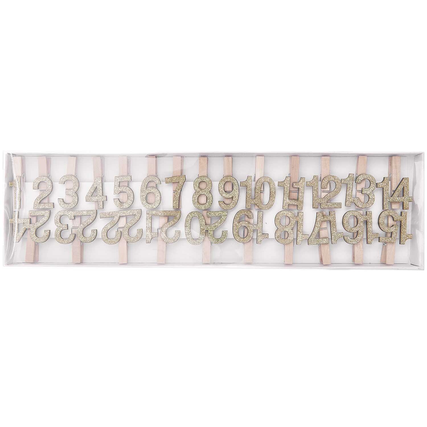 Holzclips Adventskalender mit Zahlen von 1 bis 24 in Gold-Glitter, ideal für kreative Dekorationen. Marke: Rico Design.