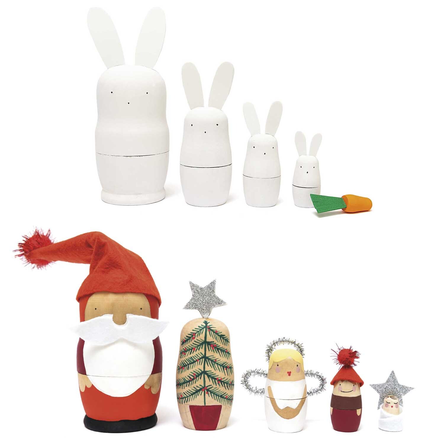 Matroschka Puppenrohlinge 5 Stück: Fünf weiße, ineinander passende Hasenfiguren, ideal zum Bemalen.