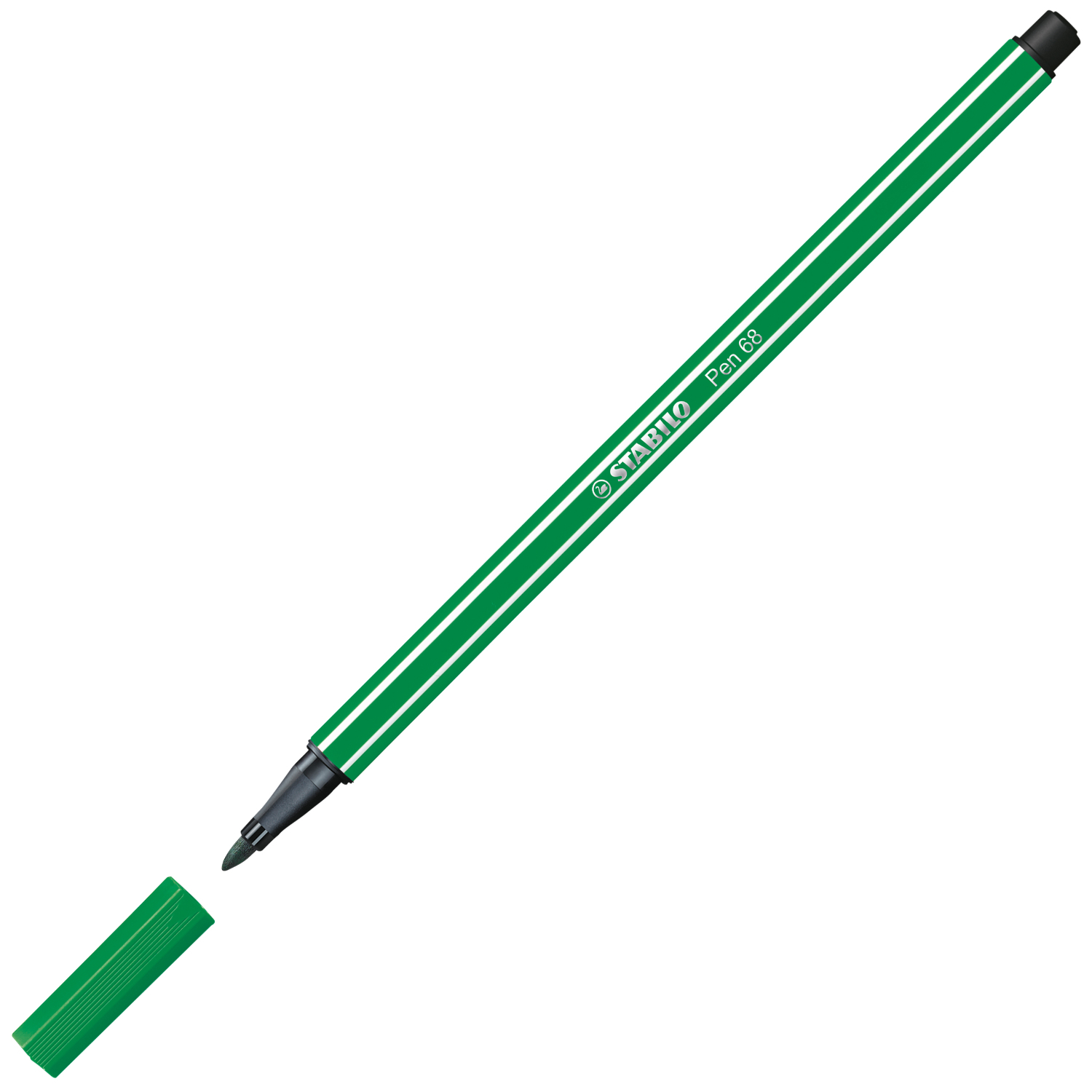 Pen 68 von STABILO in Smaragdgrün, abgebildet mit abgenommenem Deckel, ideal für präzises Zeichnen.