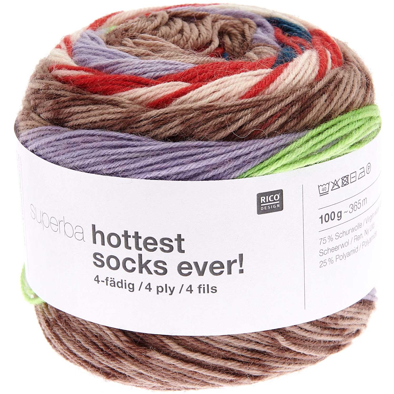 Superba Hottest Socks ever! 4fädig Wolle mit Blockstreifen in Braun, Rot und Grün von Rico Design, 100g Knäuel.