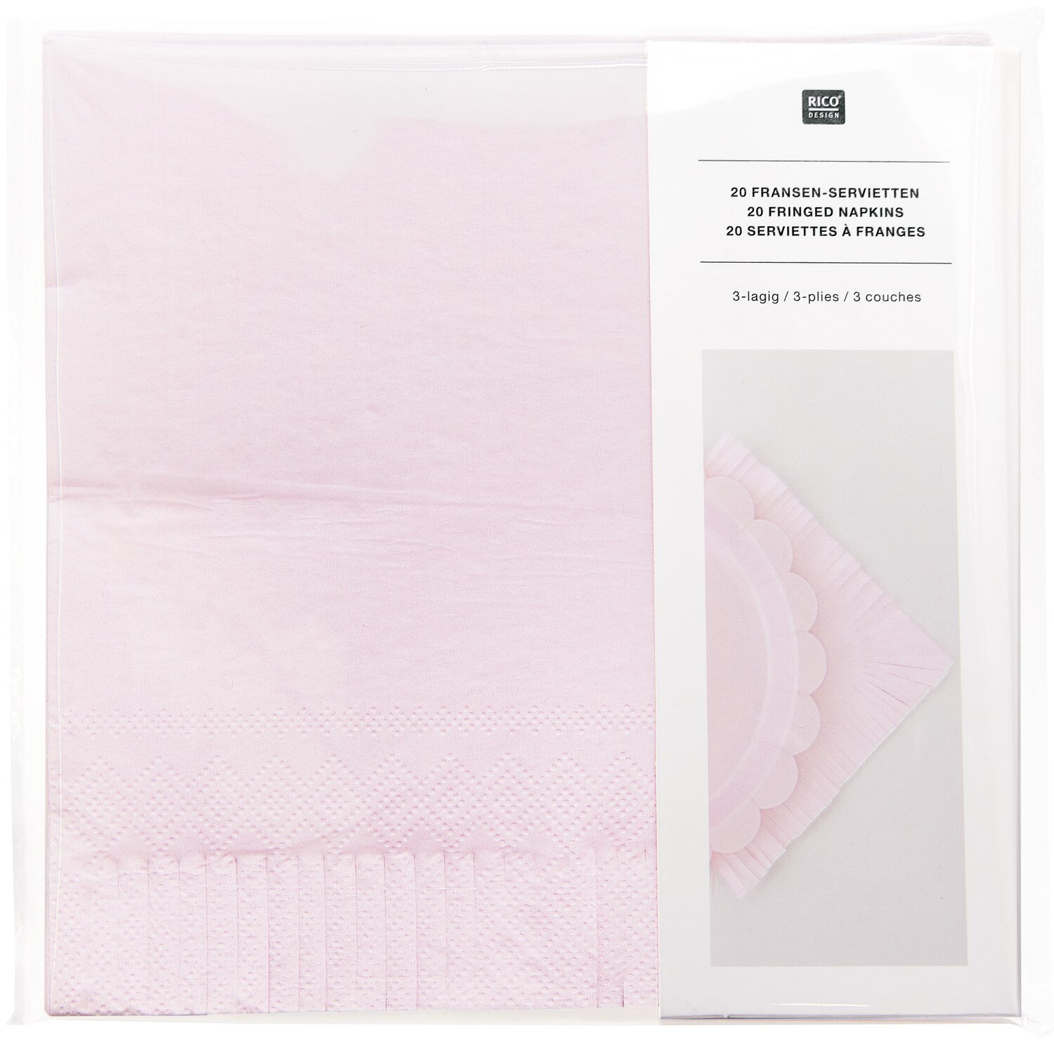 Servietten Fransen, 33x33cm, 20 Stück, in zartem Rosa von Rico Design, dreilagig für stilvolle Tischdekoration.
