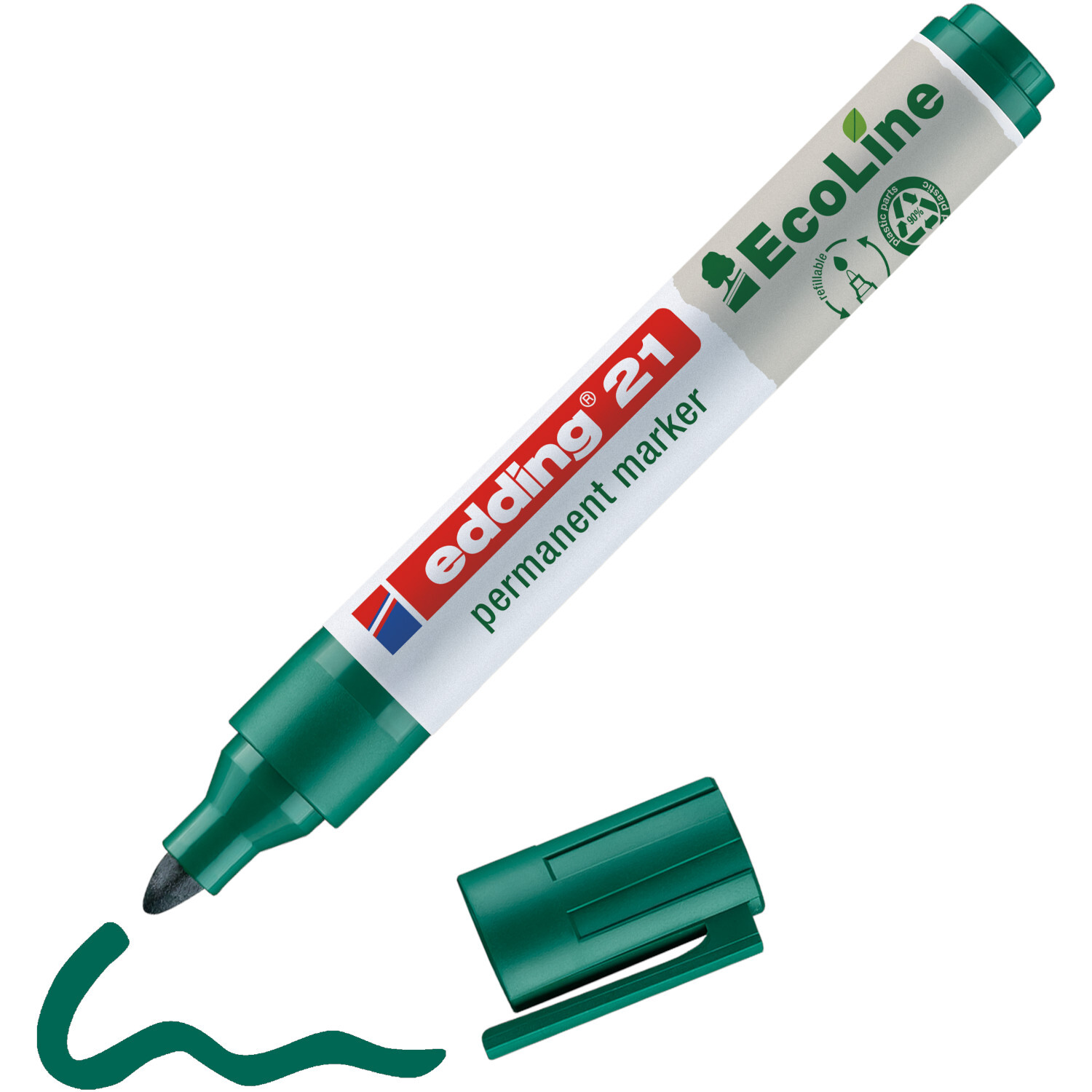 21 EcoLine Permanentmarker 1,5-3mm in Grün von edding, mit abnehmbarer Kappe und geschwungener Linie. Ideal für umweltfreundliches Markieren.