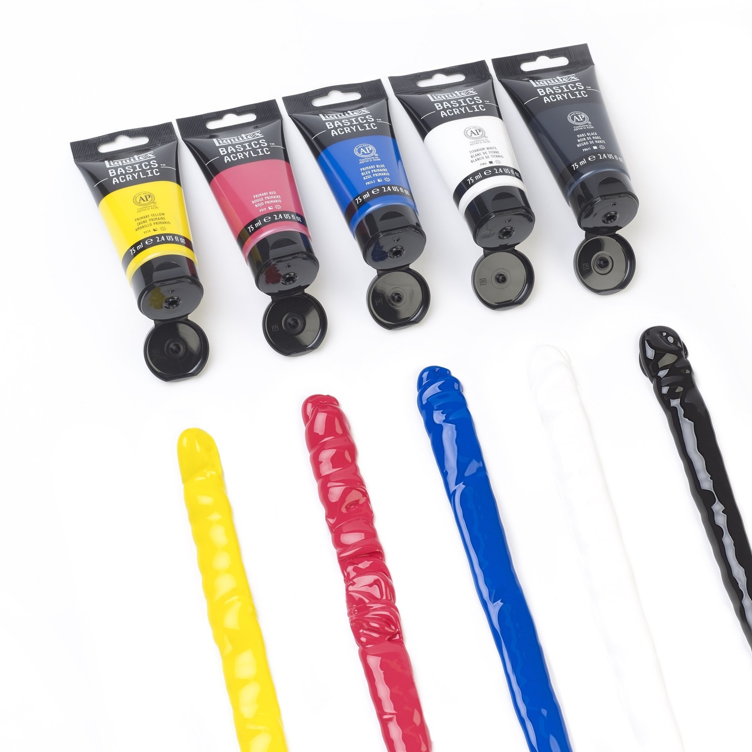 Basics Acrylfarben Set 5x75ml zeigt geöffnete Tuben in verschiedenen Farben mit Farbstreifen. Ideal für kreative Projekte.