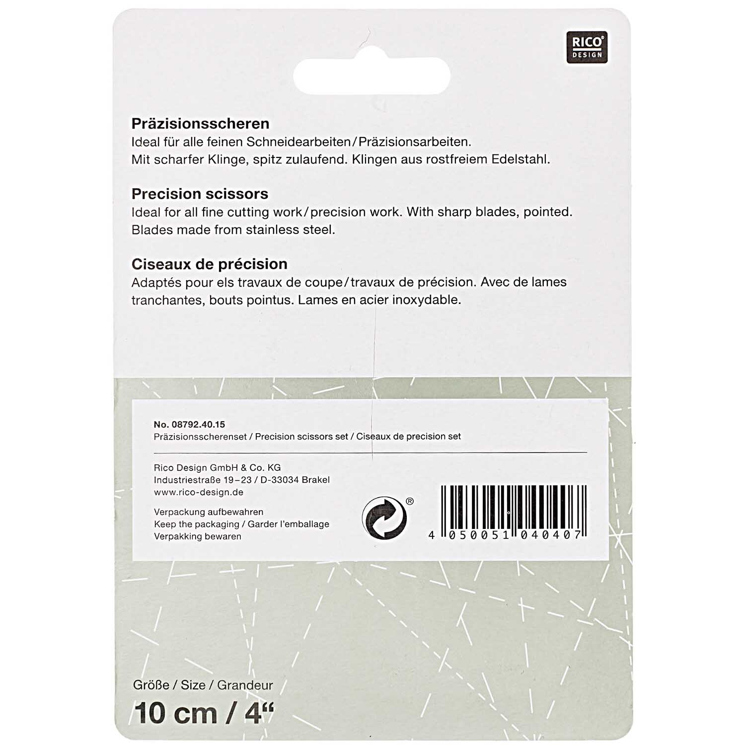 Präzisionsscheren Set von Rico Design, 2-teilig, ideal für feine Schneidearbeiten mit scharfen Klingen. Verpackung zeigt Produktdetails.