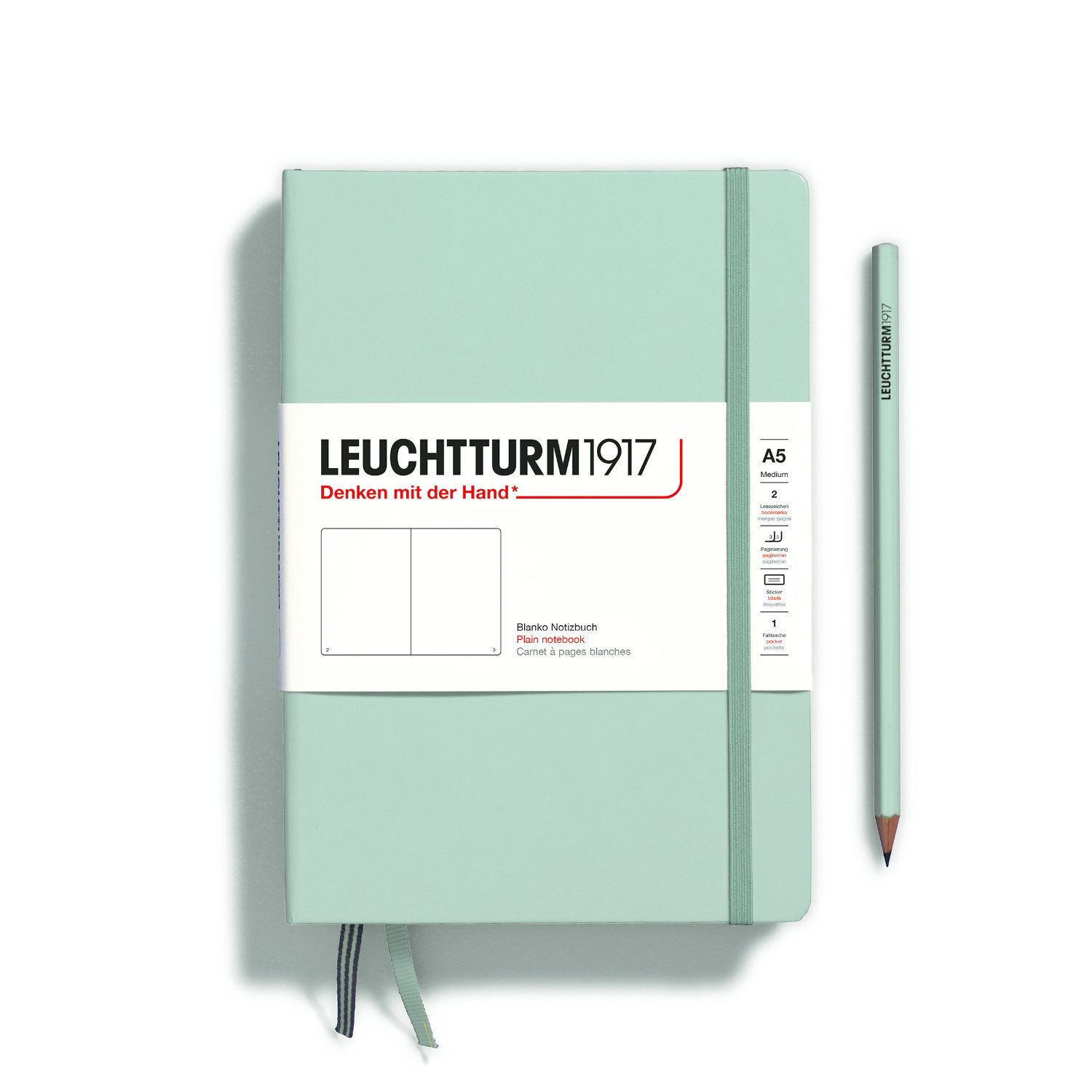 Notizbuch Medium blanko Hardcover A5 in Mint Green von LEUCHTTURM1917 mit passendem Stift. Ideal für Notizen und Skizzen.