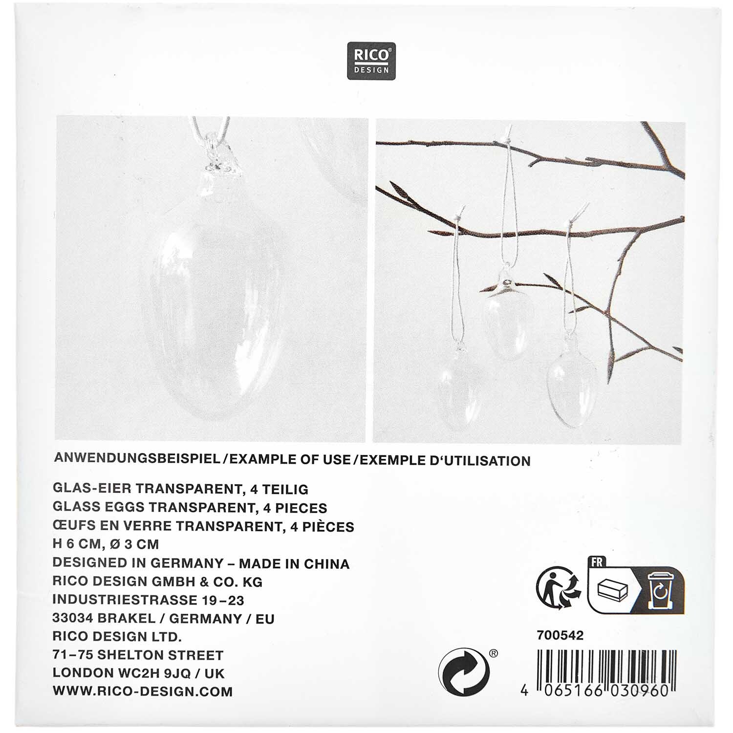Glas Eier transparent 4 Stück Ø 3cm von Rico Design, aufgehängt an Zweigen, ideal für Dekorationen.