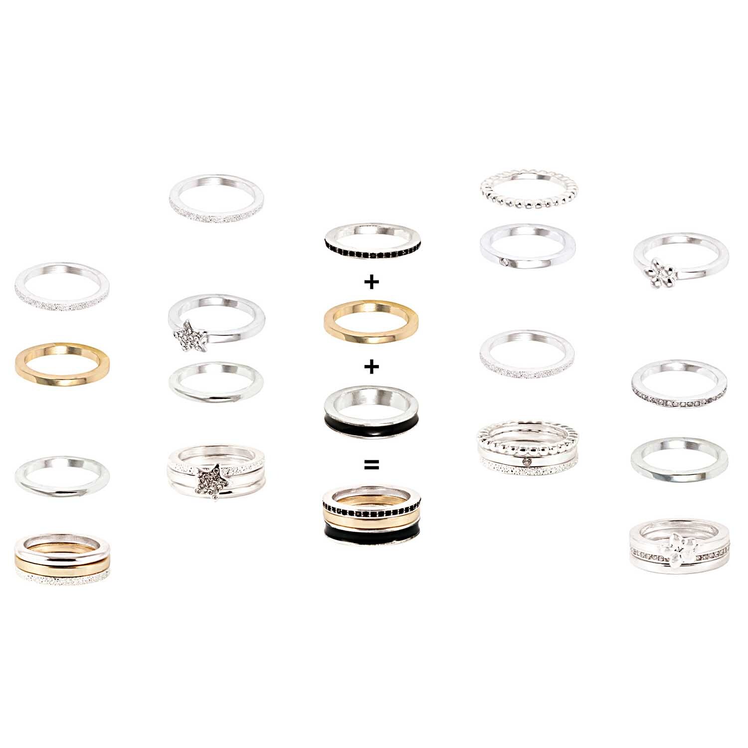 Ring Strass schwarz 16mm von Rico Design: Verschiedene Ringe in Silber und Gold, teils mit Strass, auf weißem Hintergrund.