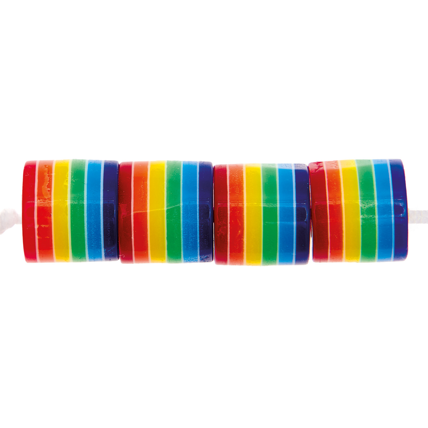 itoshii Gestreifte Zylinderperlen in Regenbogenfarben, 9x10mm, 21 Stück, von Rico Design aufgereiht.
