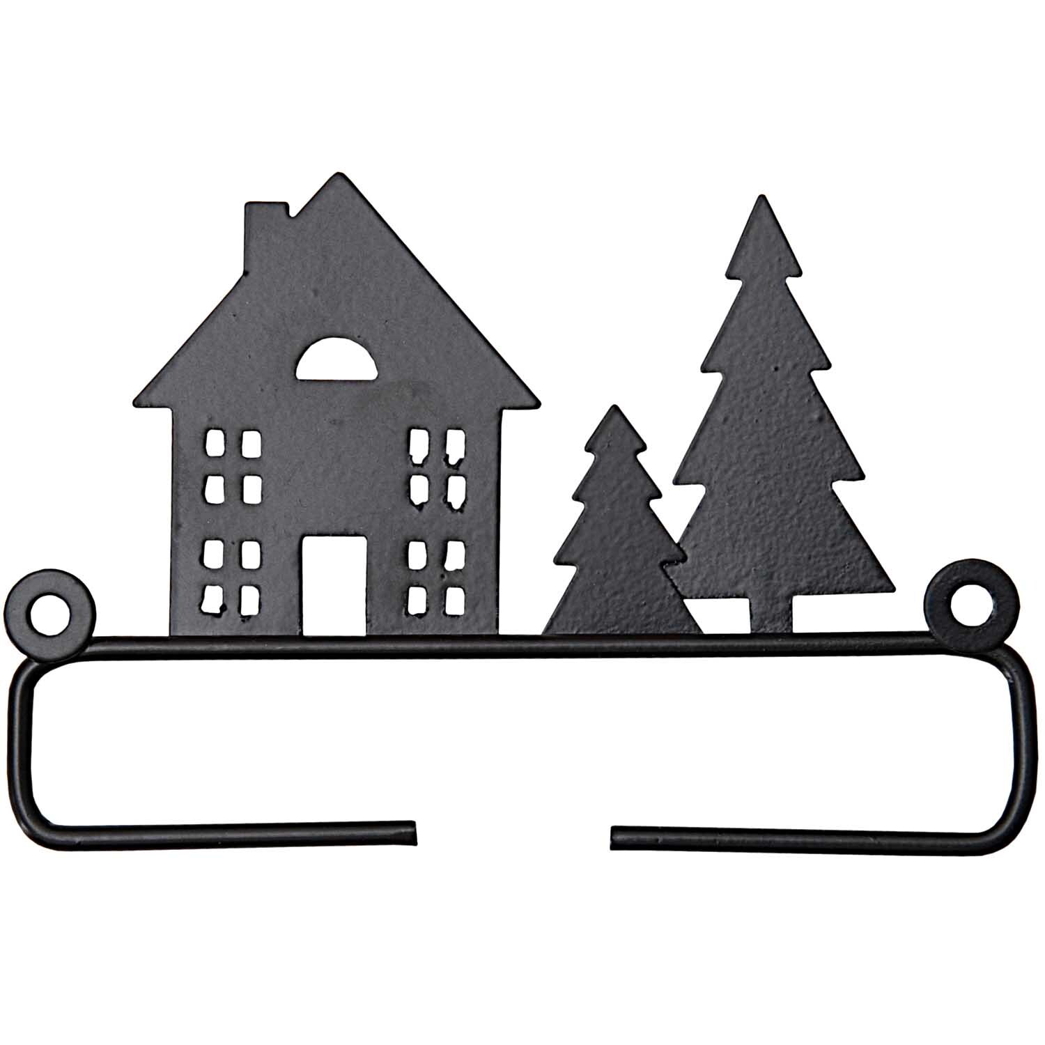 Dekobügel Haus mit Tanne 11cm von Rico Design in Schwarz zeigt ein Haus und zwei Tannenbäume.
