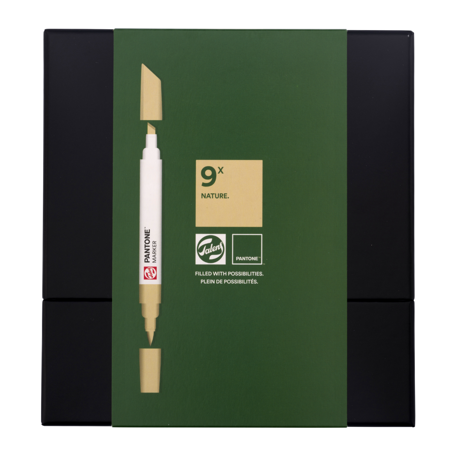 Talens | Pantone Marker Set natur, 9-teilig, auf grünem Hintergrund mit ROYAL TALENS Logo.
