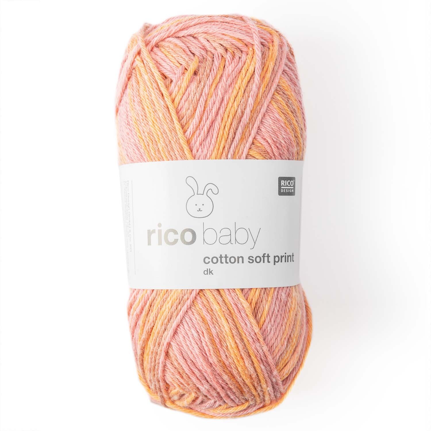 Rico Baby Cotton Soft Print dk: Weiches Garn in Orange-Rosa, ideal für Babyprojekte, 50g Knäuel.