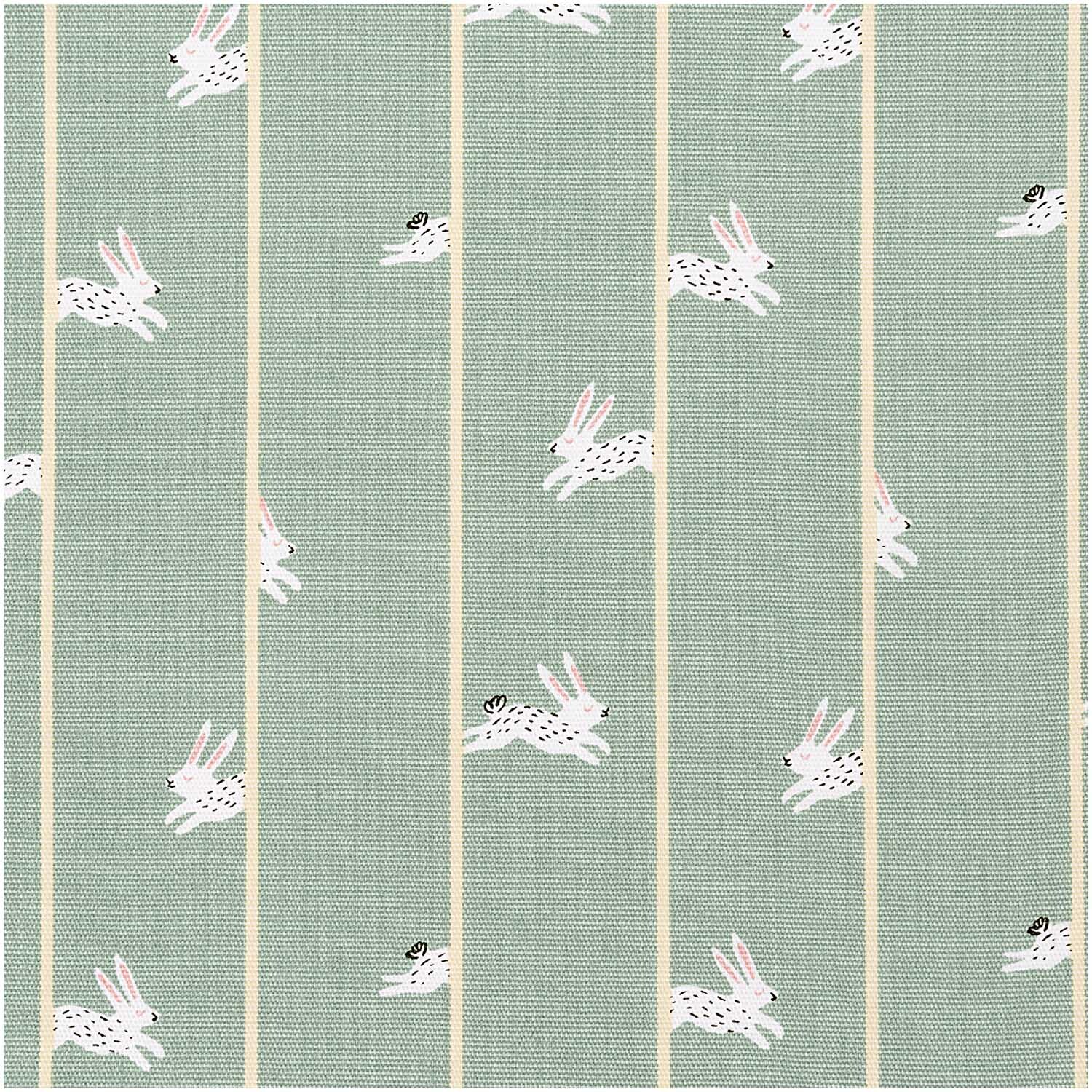Druckstoff Canvas Bunny Hop mint 140cm zeigt springende Hasen auf grünem Hintergrund mit Streifen. Ideal für kreative Nähprojekte.