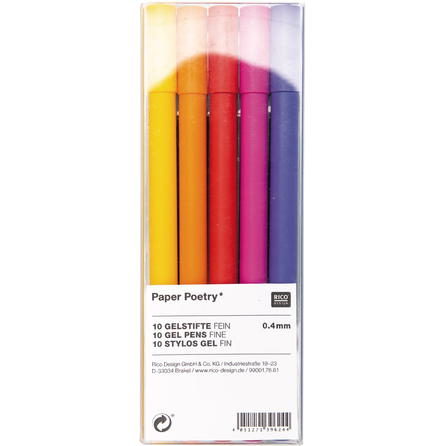 Paper Poetry Gelstifte-Set fein 0,4mm 10 Stück, mehrfarbig, von Rico Design, in transparenter Verpackung. Ideal für präzises Schreiben.