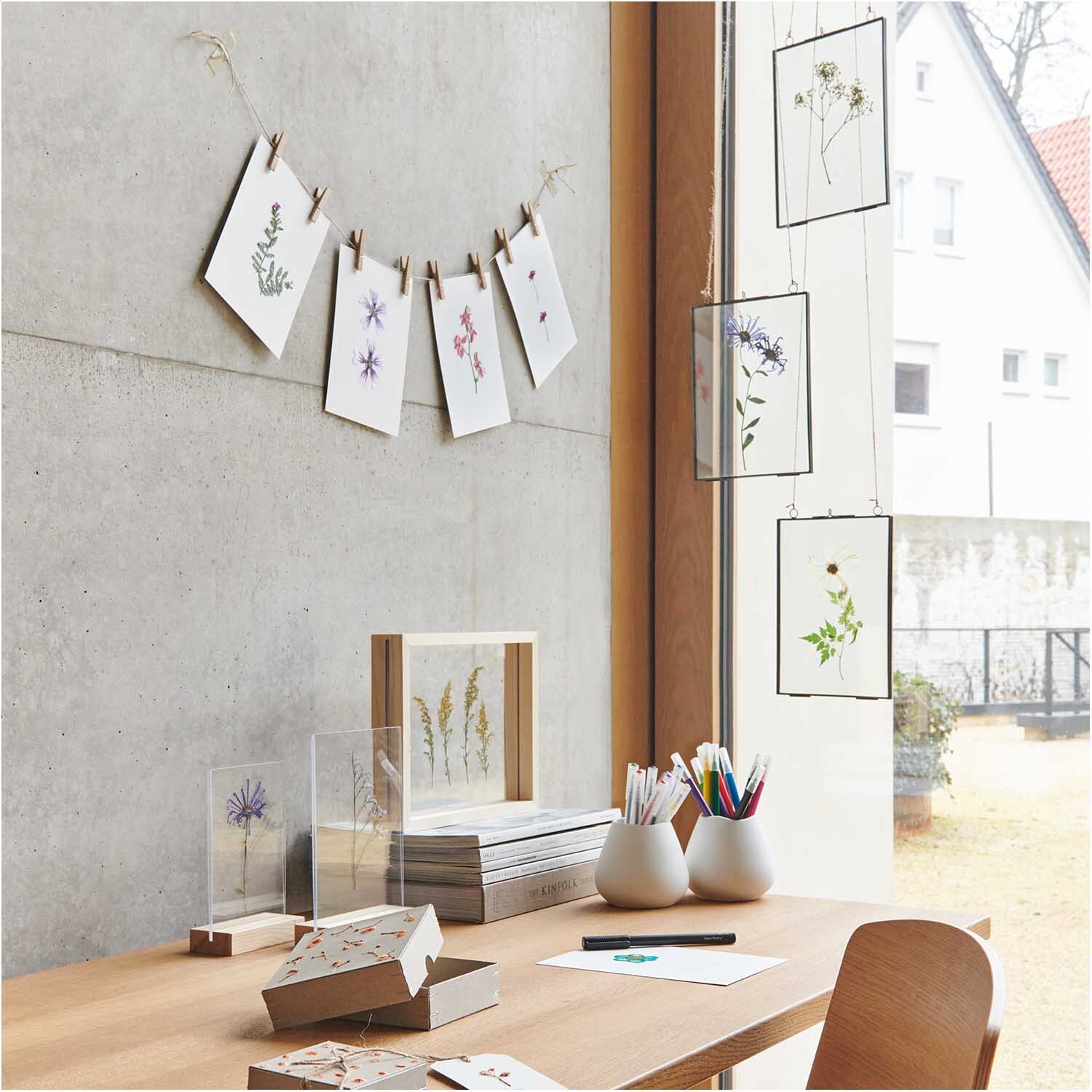 Metallrahmen zum Hängen mit doppelter Glasscheibe in modernem Büro, dekoriert mit Pflanzen. Ideal für stilvolle Präsentationen.
