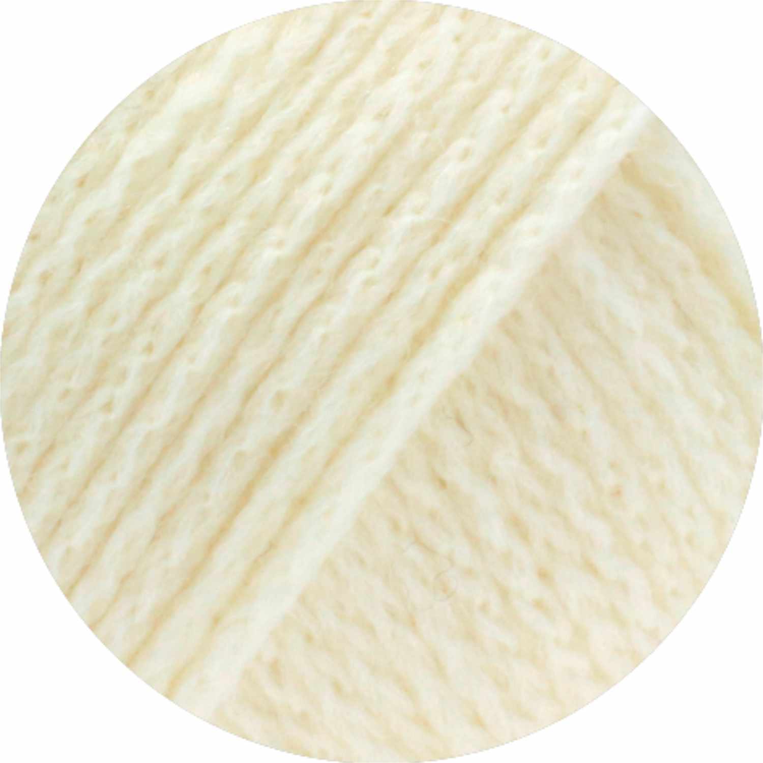 Cool Merino: Nahaufnahme eines weißen Wollknäuels von Lana Grossa, 50g mit einer Lauflänge von 150m.