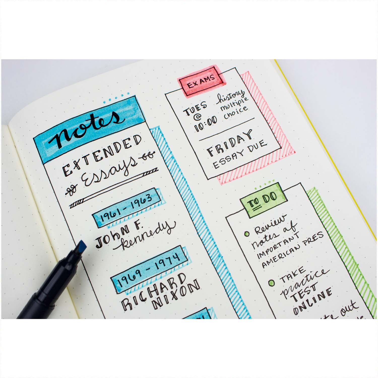 MONO edge Textmarker von Tombow, 6-teilig, zeigt farbige Notizen in einem Planer. Ideal für kreative Organisation.