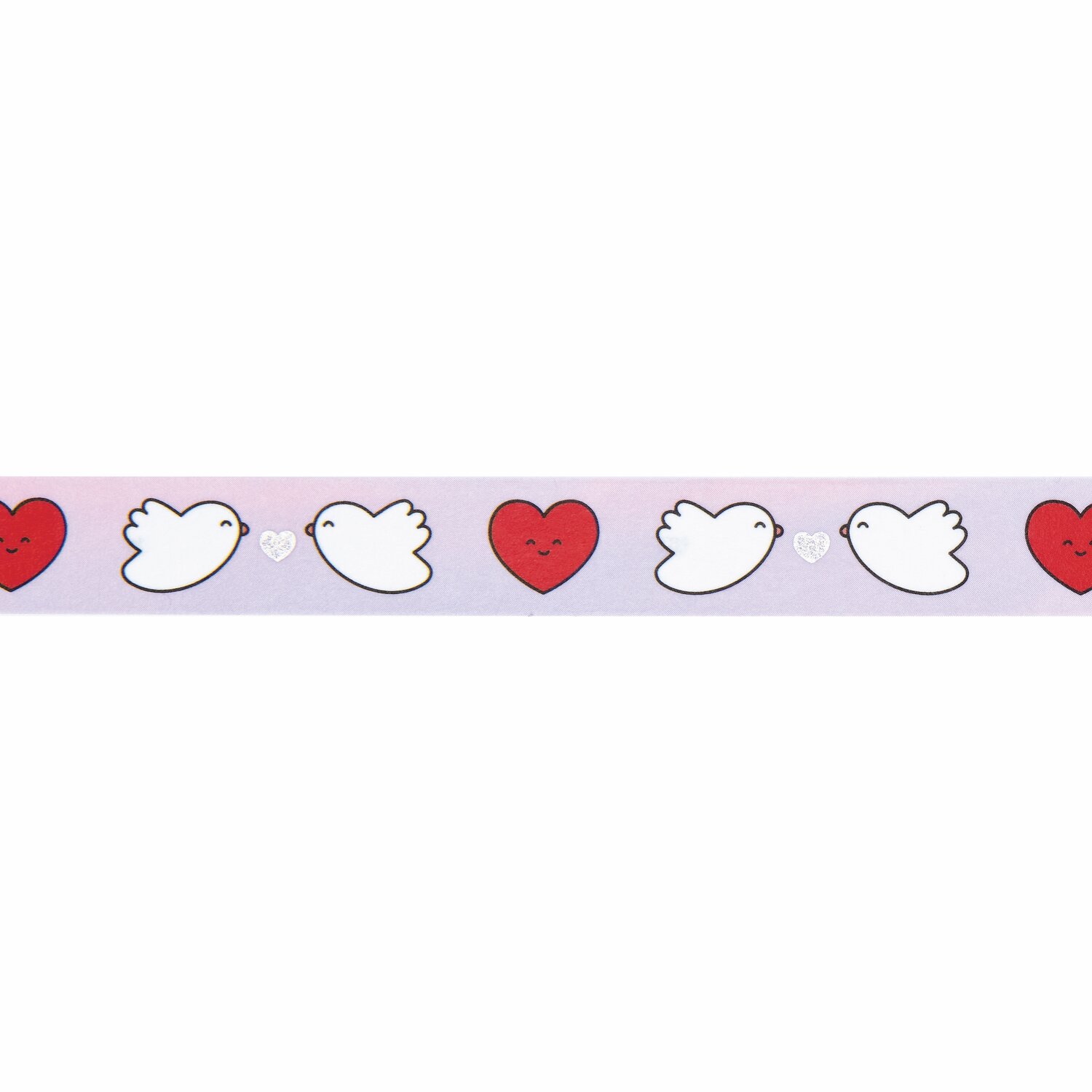 Tape Chingu Vögel/Herzen: Weißes Washi-Tape mit niedlichen Vögeln und roten Herzen, 1,5cmx10m.