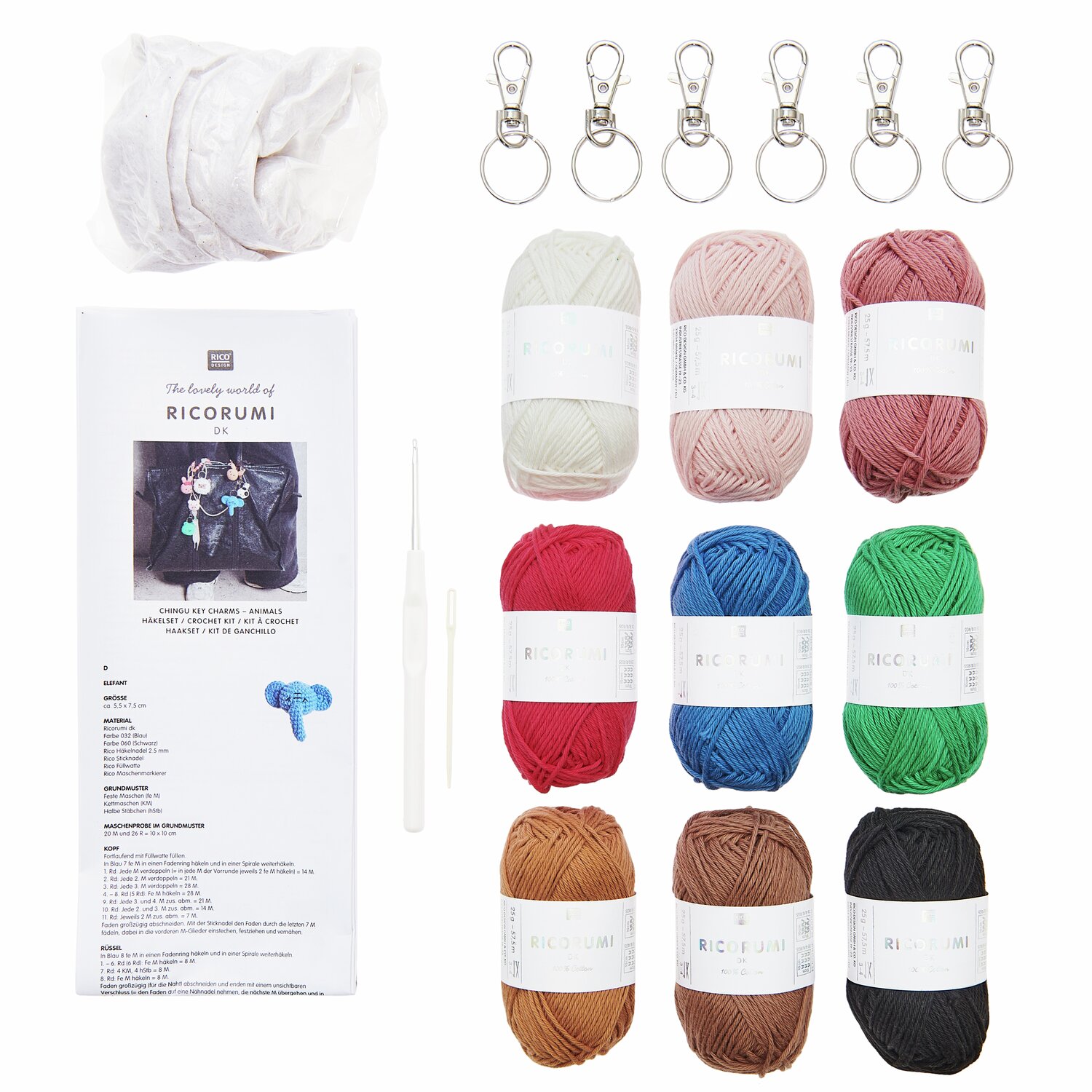 Ricorumi Häkelset Schlüsselanhänger - Chingu Animals: Bunte Garnrollen, Häkelnadel und Schlüsselringe für kreative DIY-Projekte.