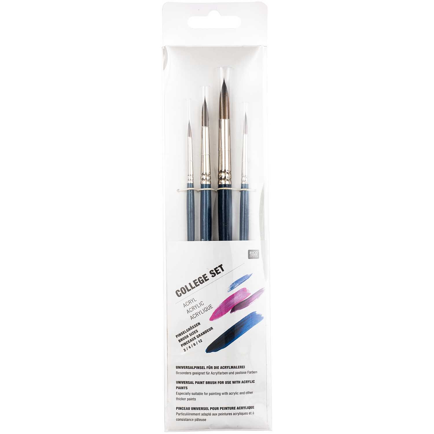 Pinsel Art School Acryl Set, 4-teilig, in transparentem Etui. Enthält Pinsel in Blau- und Silbertönen für vielseitige Maltechniken.