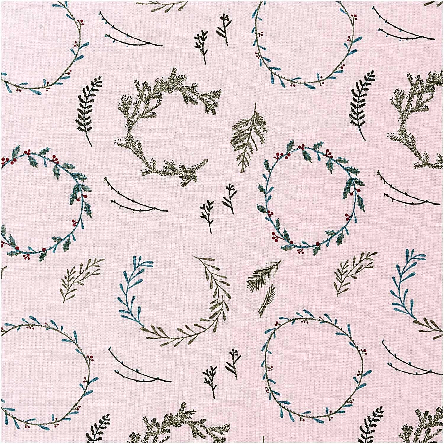 Druckstoff Nostalgic Christmas Kränze auf rosa Hintergrund mit grünen Kränzen und Zweigen. Ideal für festliche Dekorationen.