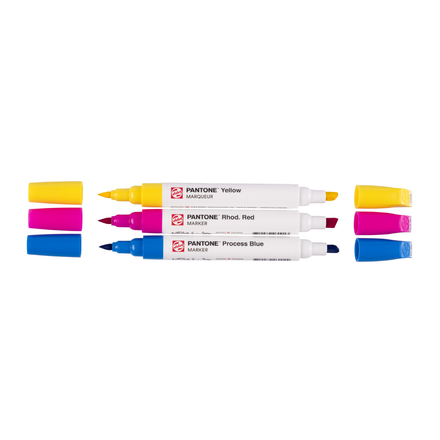 Talens | Pantone Marker Set primary, 3-teilig, zeigt drei Marker in Gelb, Rot und Blau mit passenden Kappen. Ideal für kreative Projekte.