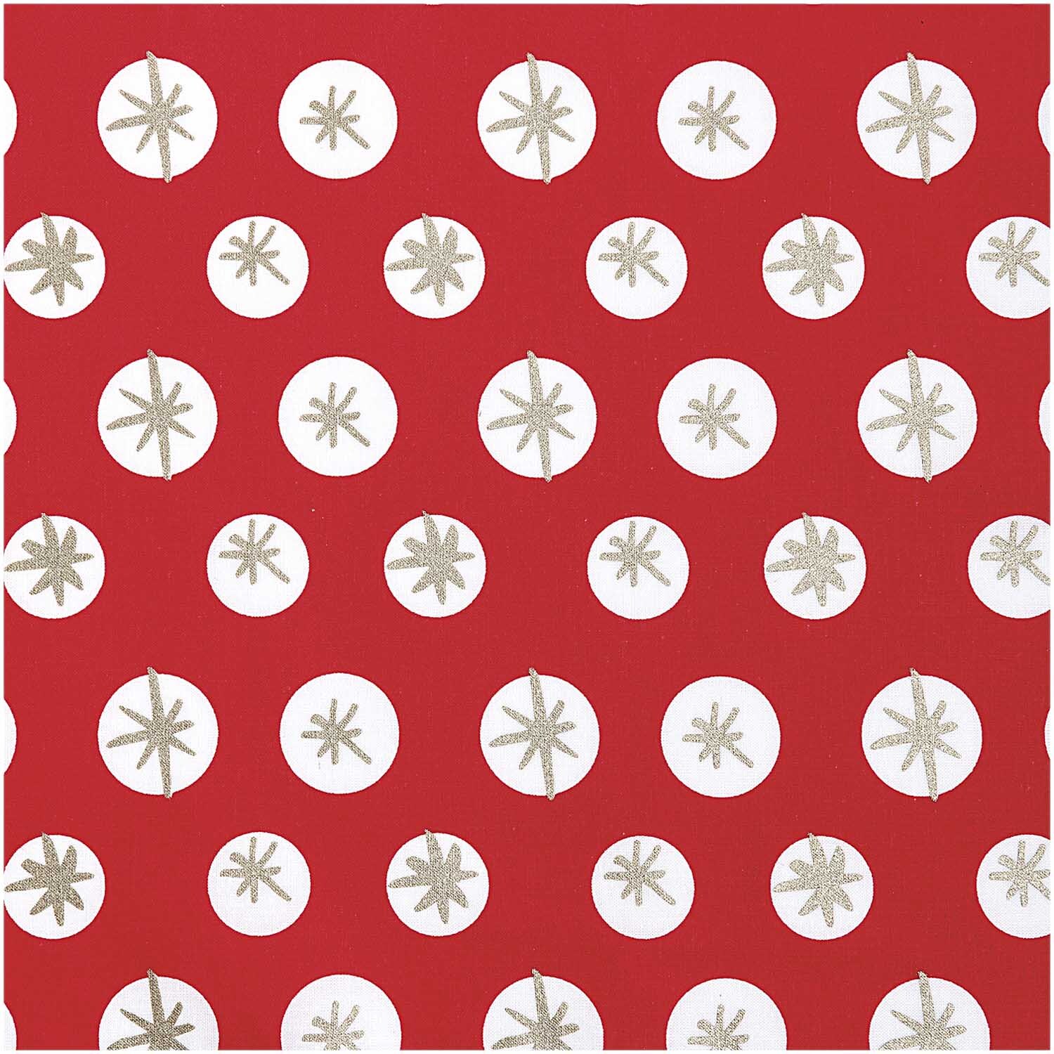 Druckstoff Schneeflocken rot-gold 140cm zeigt ein Muster aus goldenen Schneeflocken auf roten Kreisen. Marke: Rico Design.