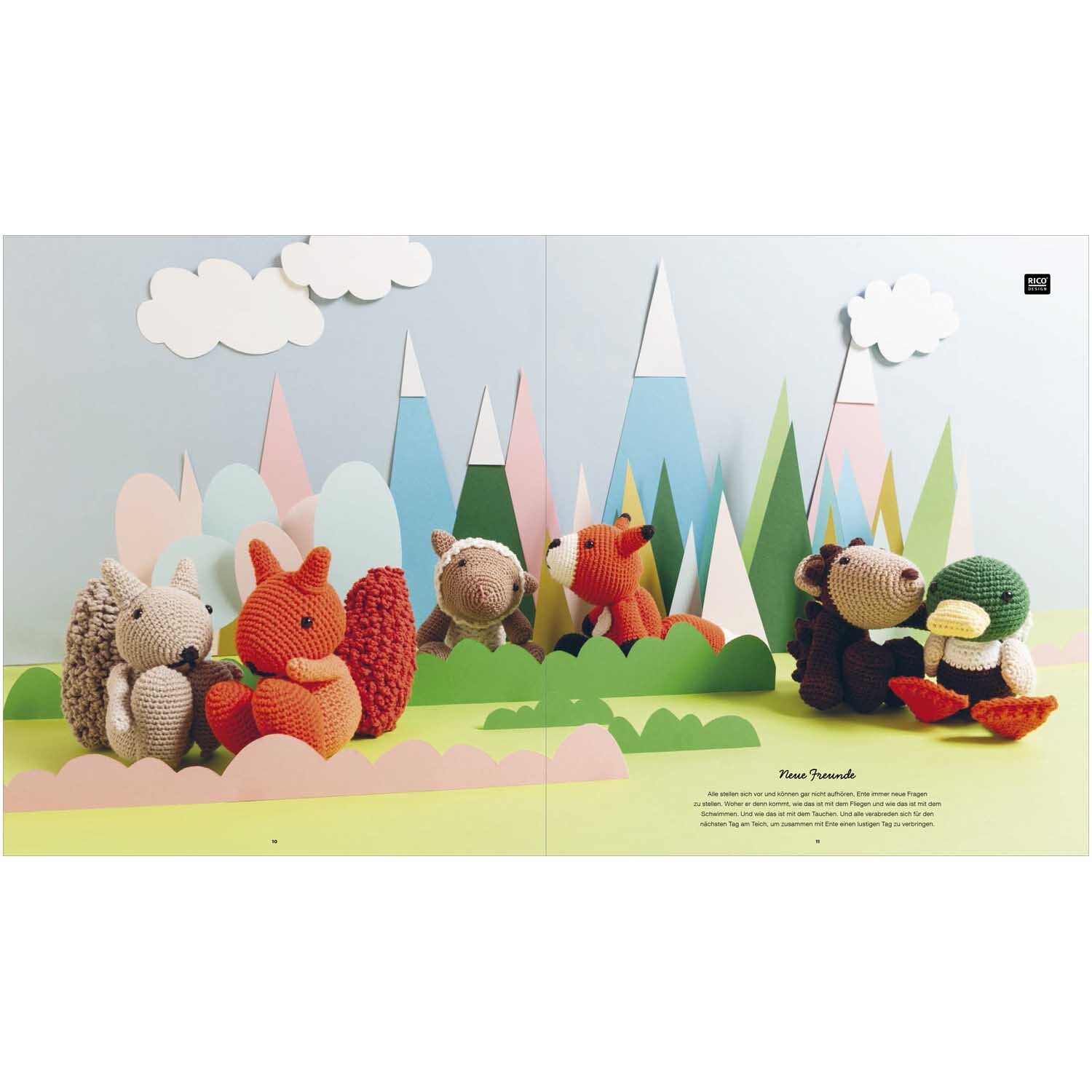 Ricorumi Friends: Bunte Häkeltiere von Rico Design in einer fantasievollen Waldlandschaft.