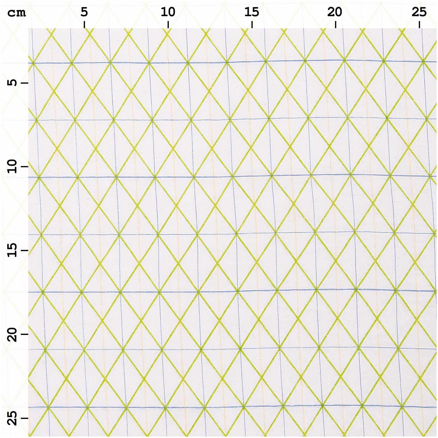 Musselin-Druckstoff Bunny Hop Raster mit gelbem Rautenmuster auf weißem Hintergrund, 50x140cm.