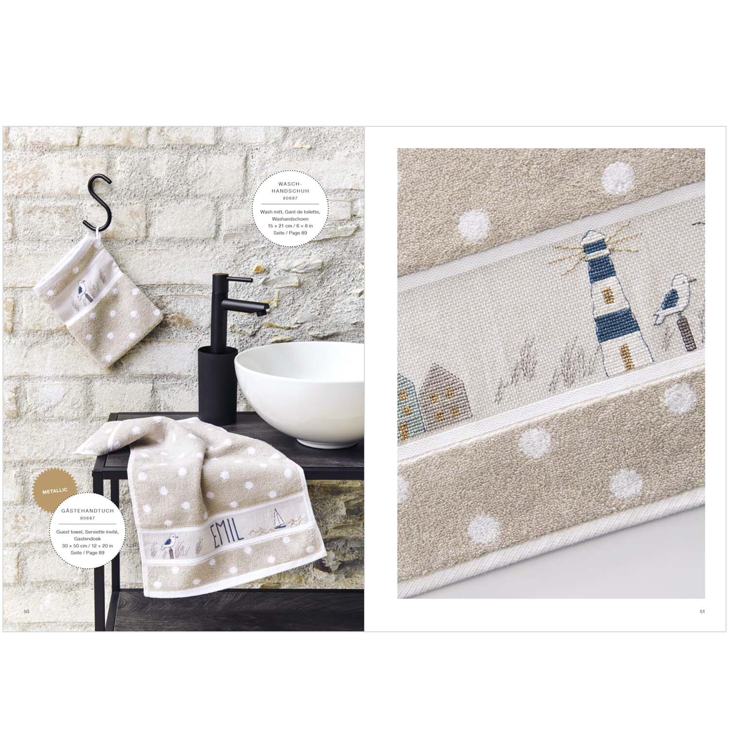 Stickbuch Maritim Nr. 177 zeigt Handtücher mit maritimen Motiven wie Leuchttürmen und Möwen.