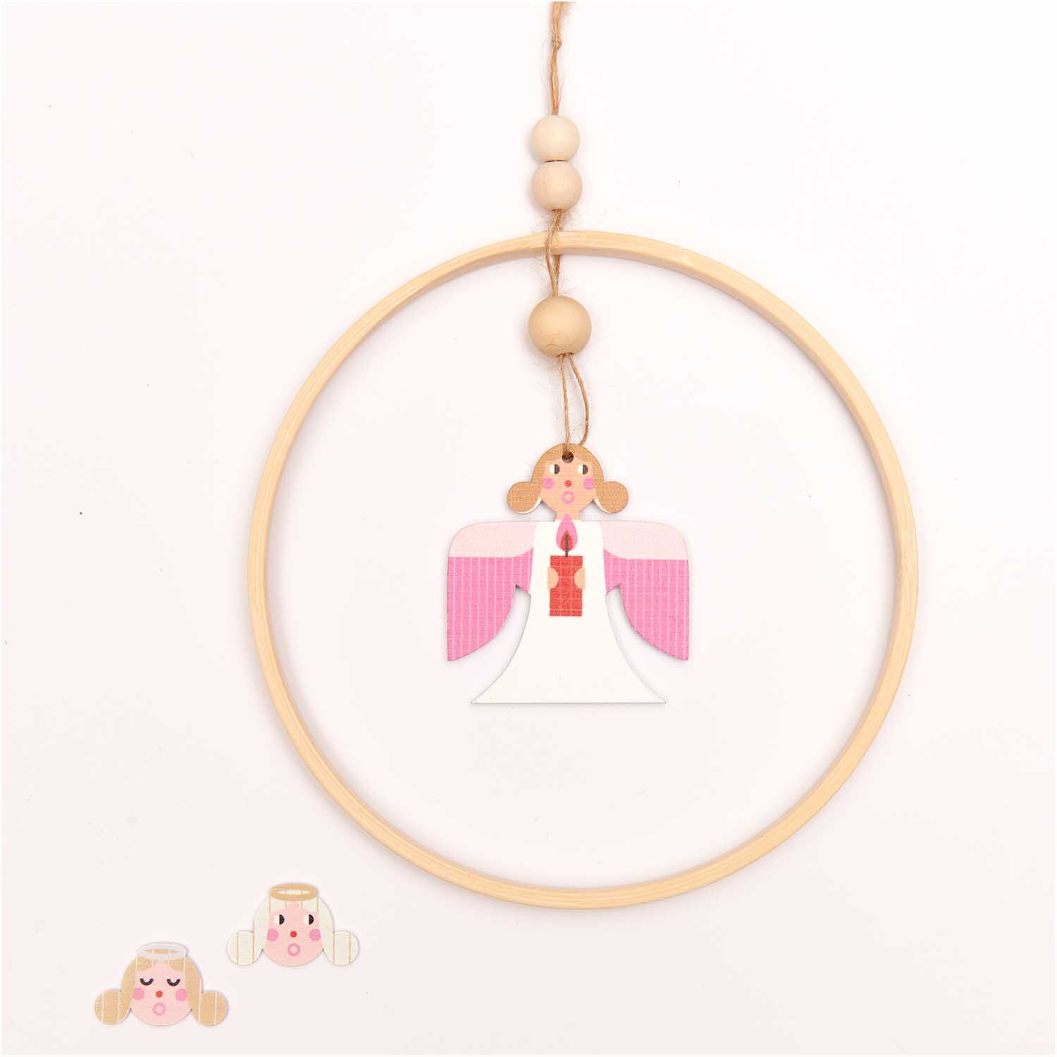 Holzstreu Engel Mix rosa-gold 30x19mm 48 Stück: Rosa Engel aus Holz in einem Ring, ideal für Dekorationen.