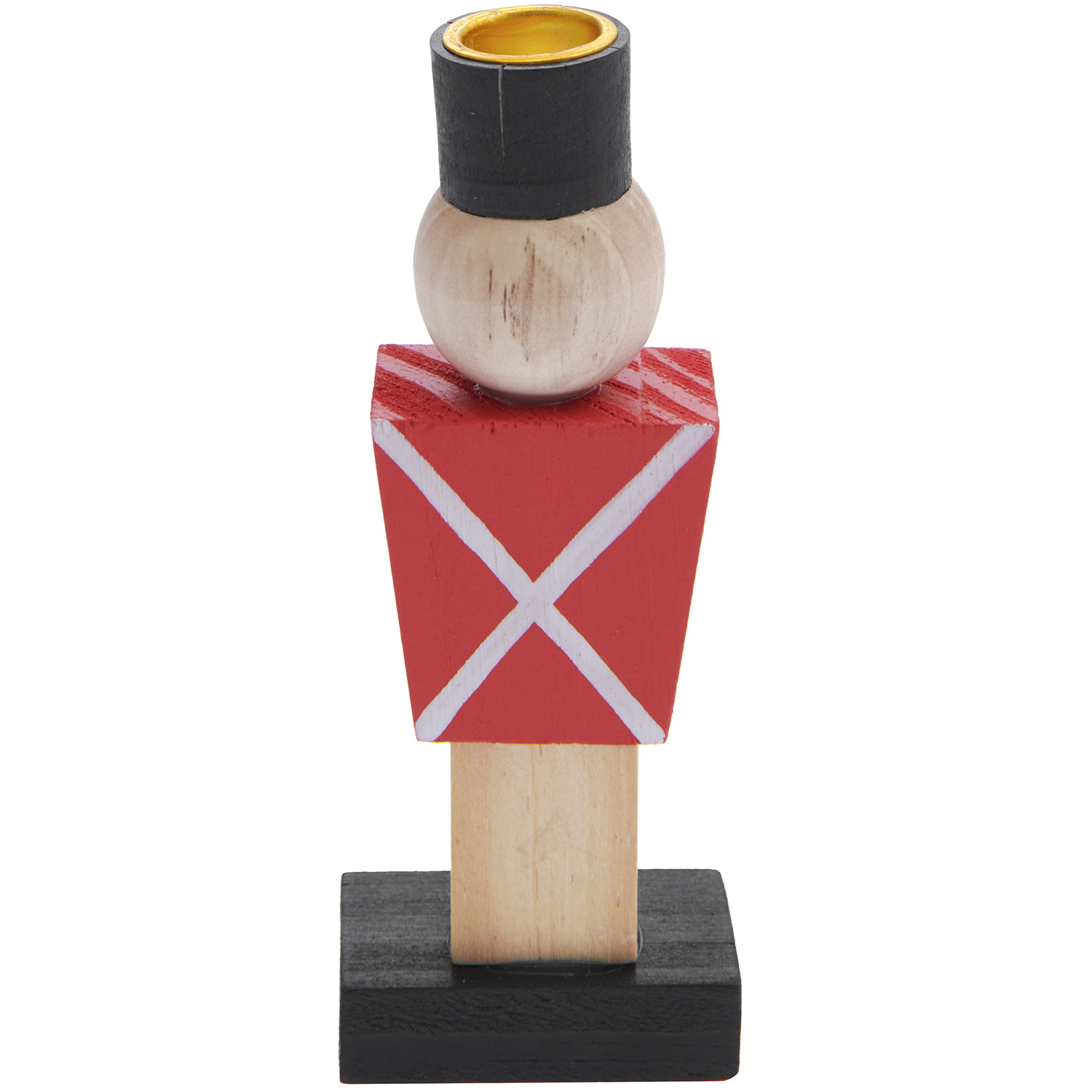 Kerzenständer Gardist natur-rot 10x3,5cm von Rico Design. Holzfigur in Rot mit schwarzem Hut und gelber Kerzenhalterung.
