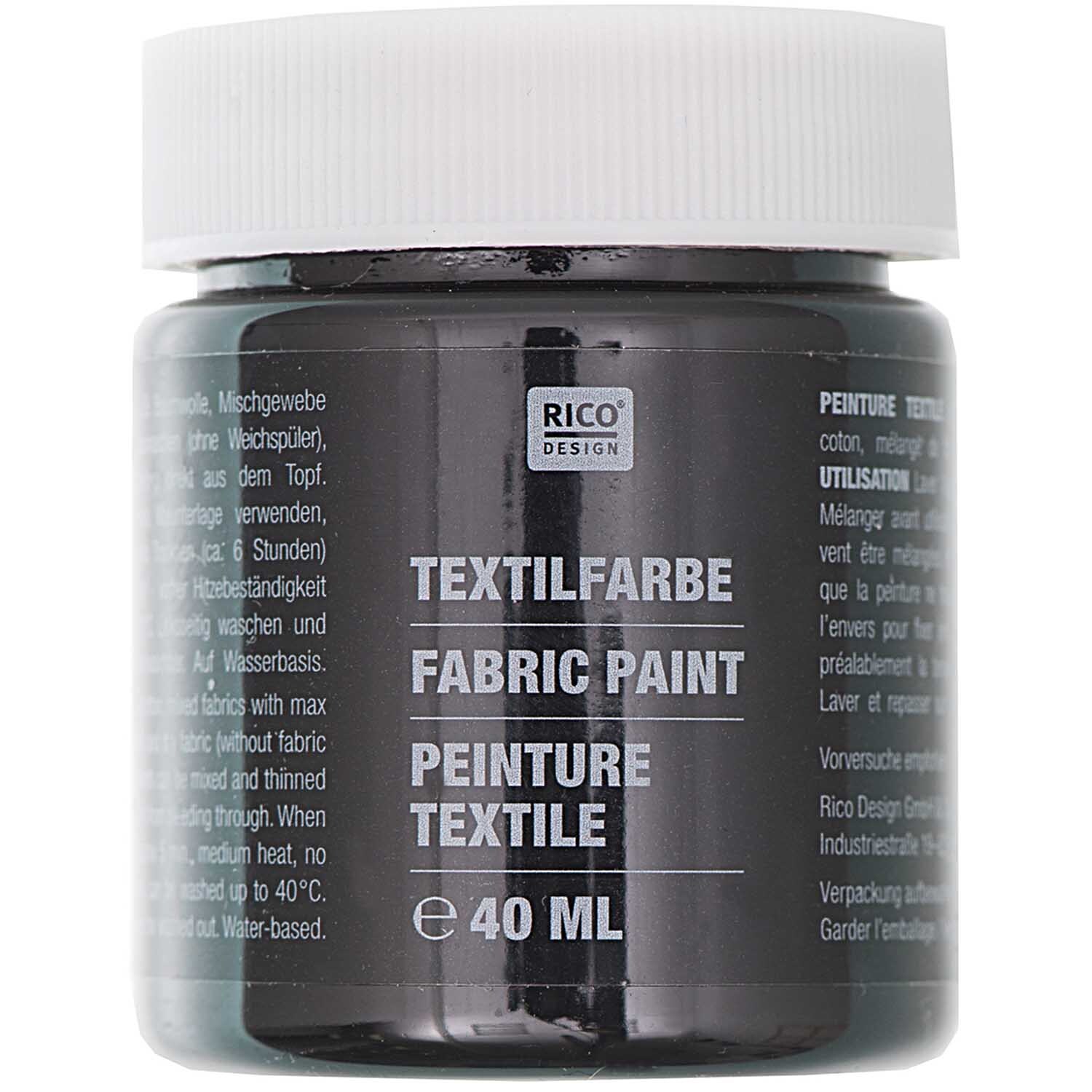 Textilfarbe von Rico Design in Schwarz, 40ml. Die Flasche zeigt Etikett mit Produktdetails.