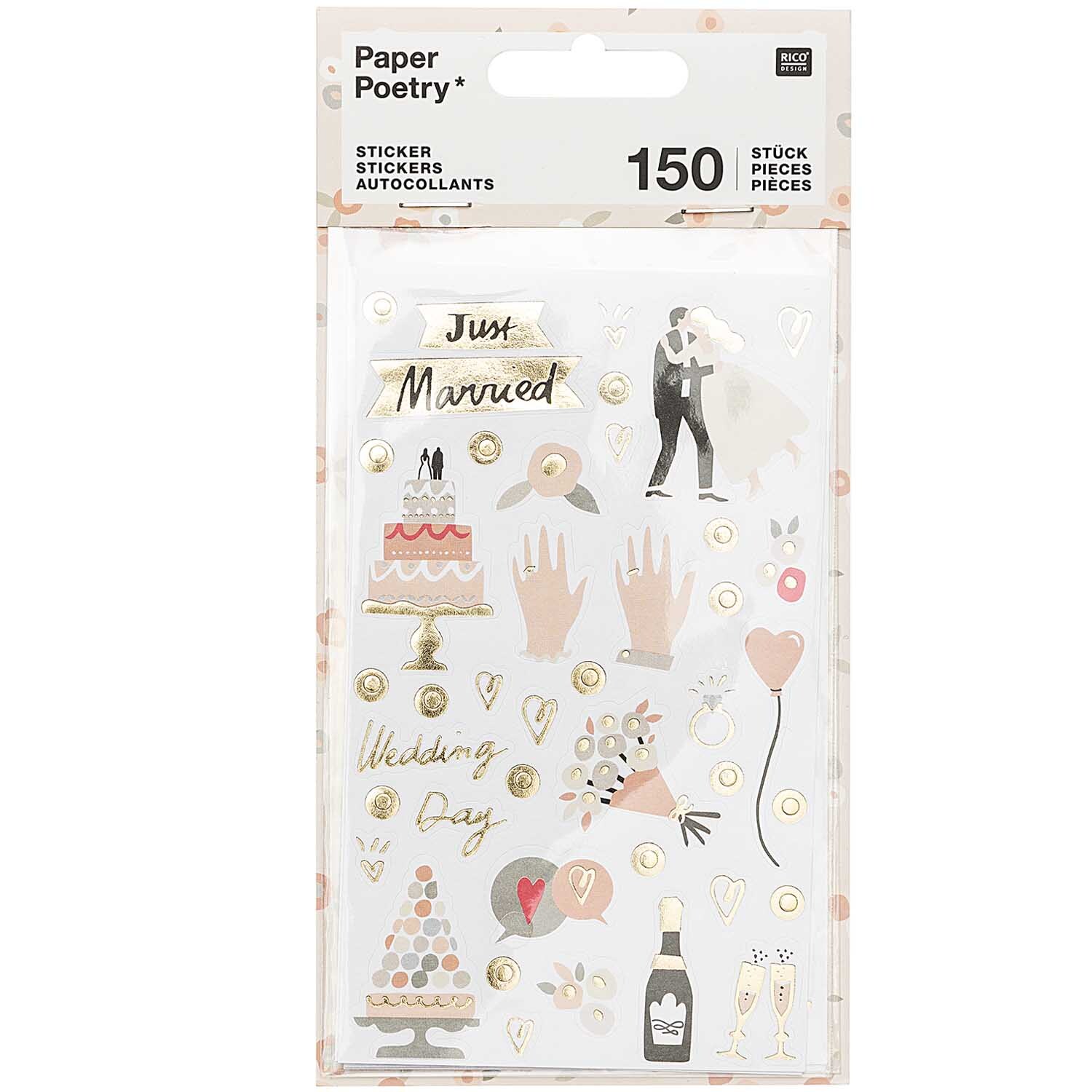 Paper Poetry Sticker Hochzeit 4 Blatt: Hochzeitssticker-Set mit Motiven wie Torte, Blumenstrauß und Sektflasche, ideal für kreative Projekte.